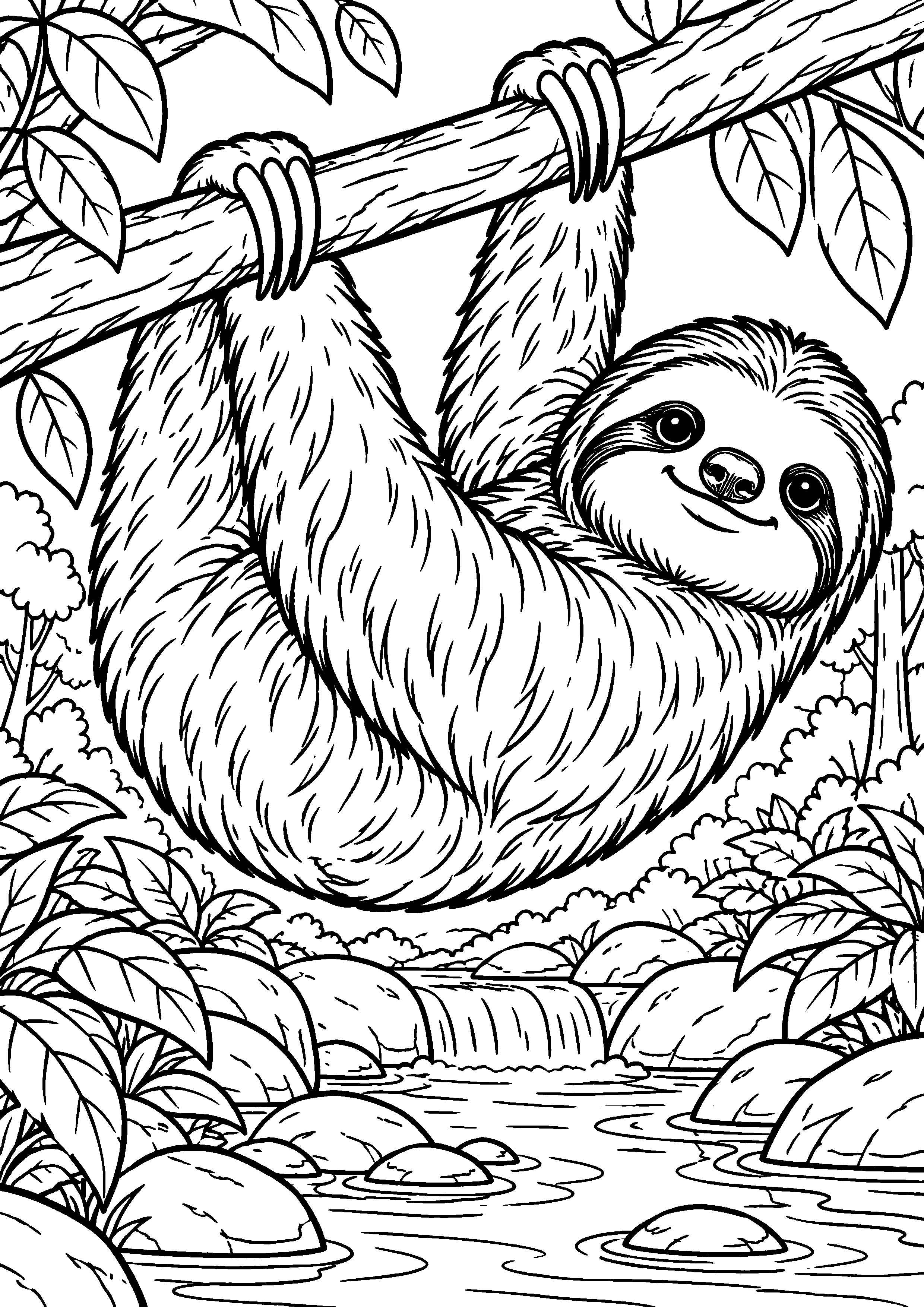 Grand coloriage d’un paresseux au milieu de grandes feuilles d’automne, contours noirs nets sur fond blanc