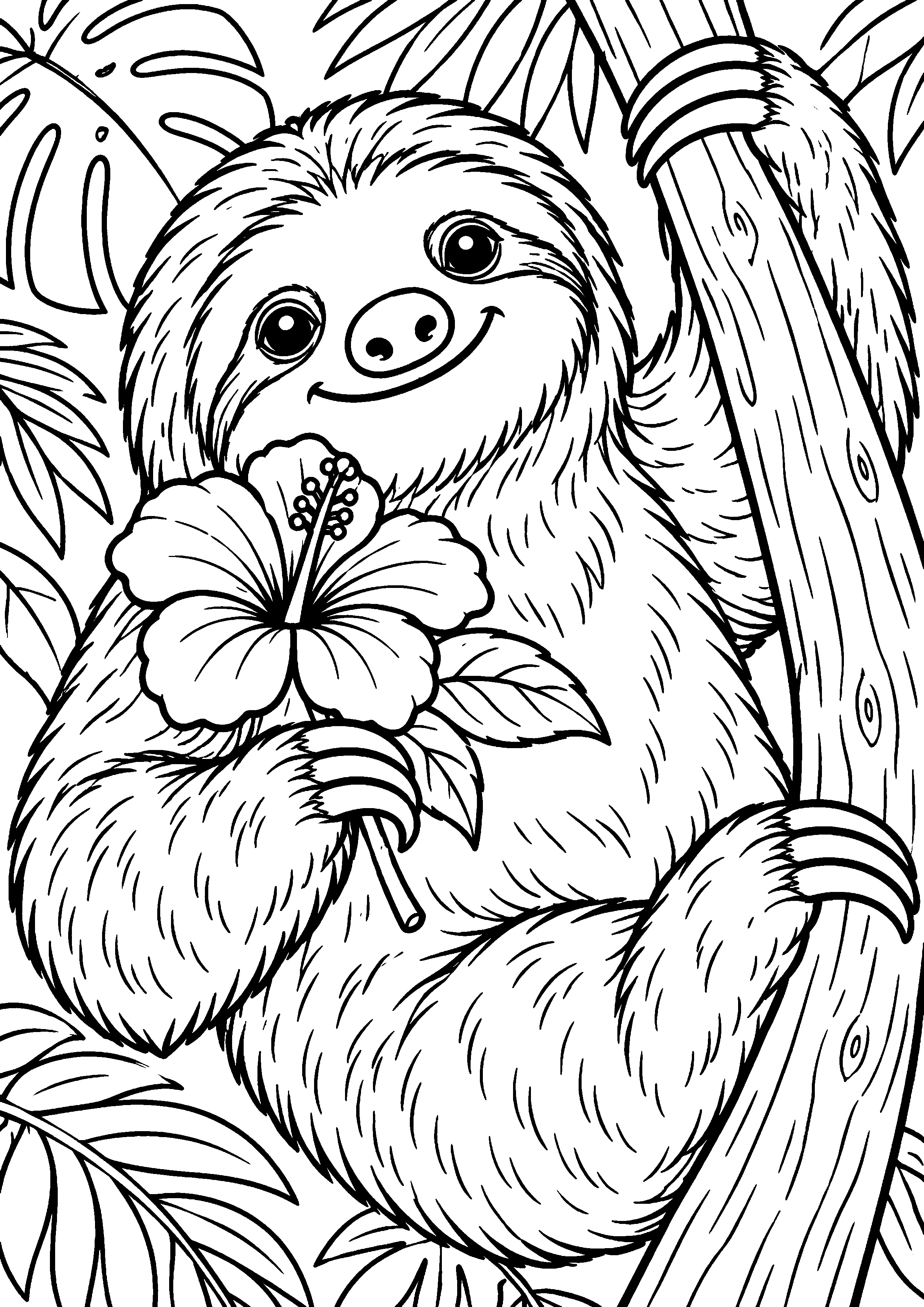 Grand coloriage d’un paresseux entouré de fleurs de printemps, contours noirs nets sur fond blanc