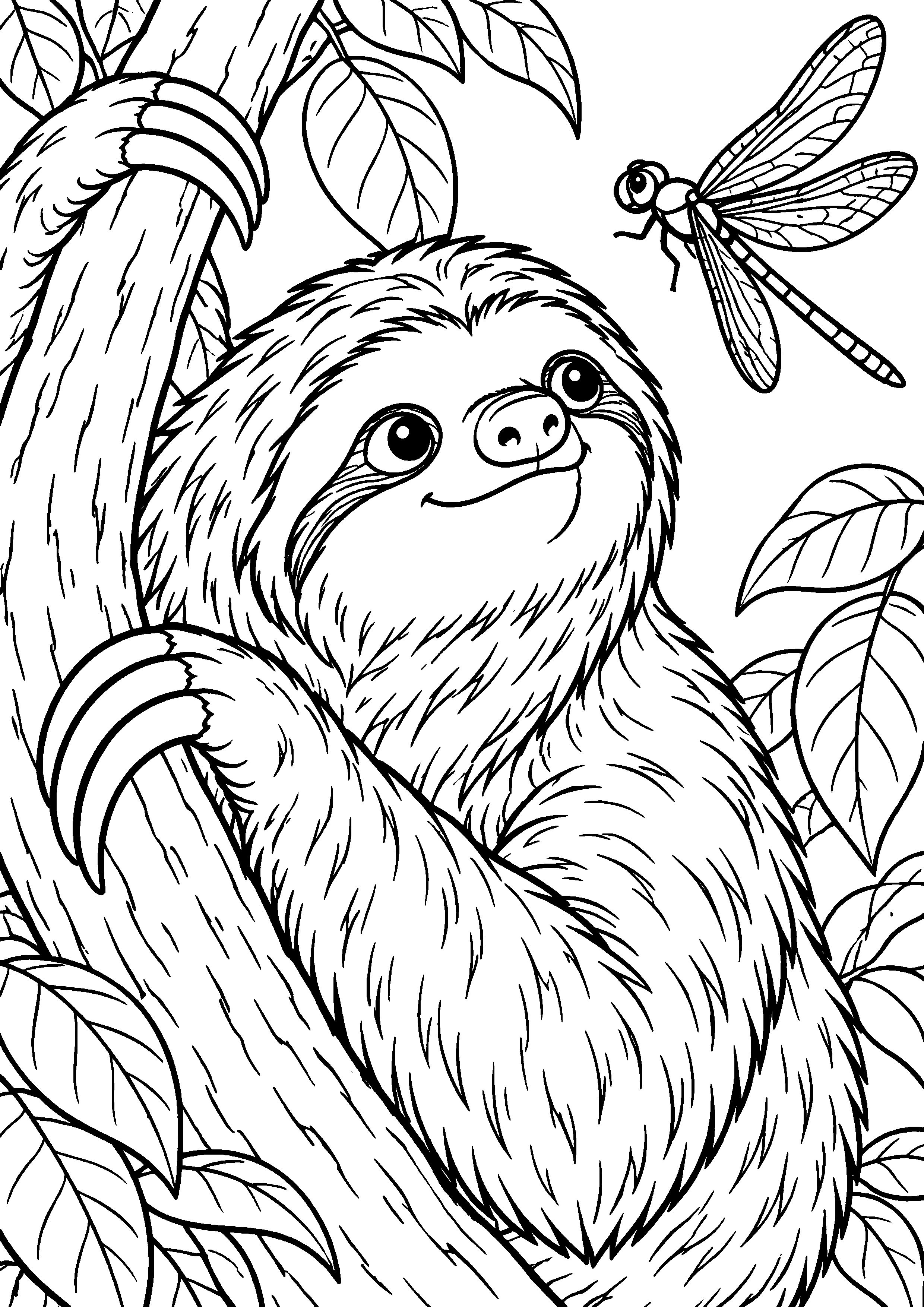 Grand coloriage d’un paresseux dans une scène d’été naturelle, contours noirs nets sur fond blanc
