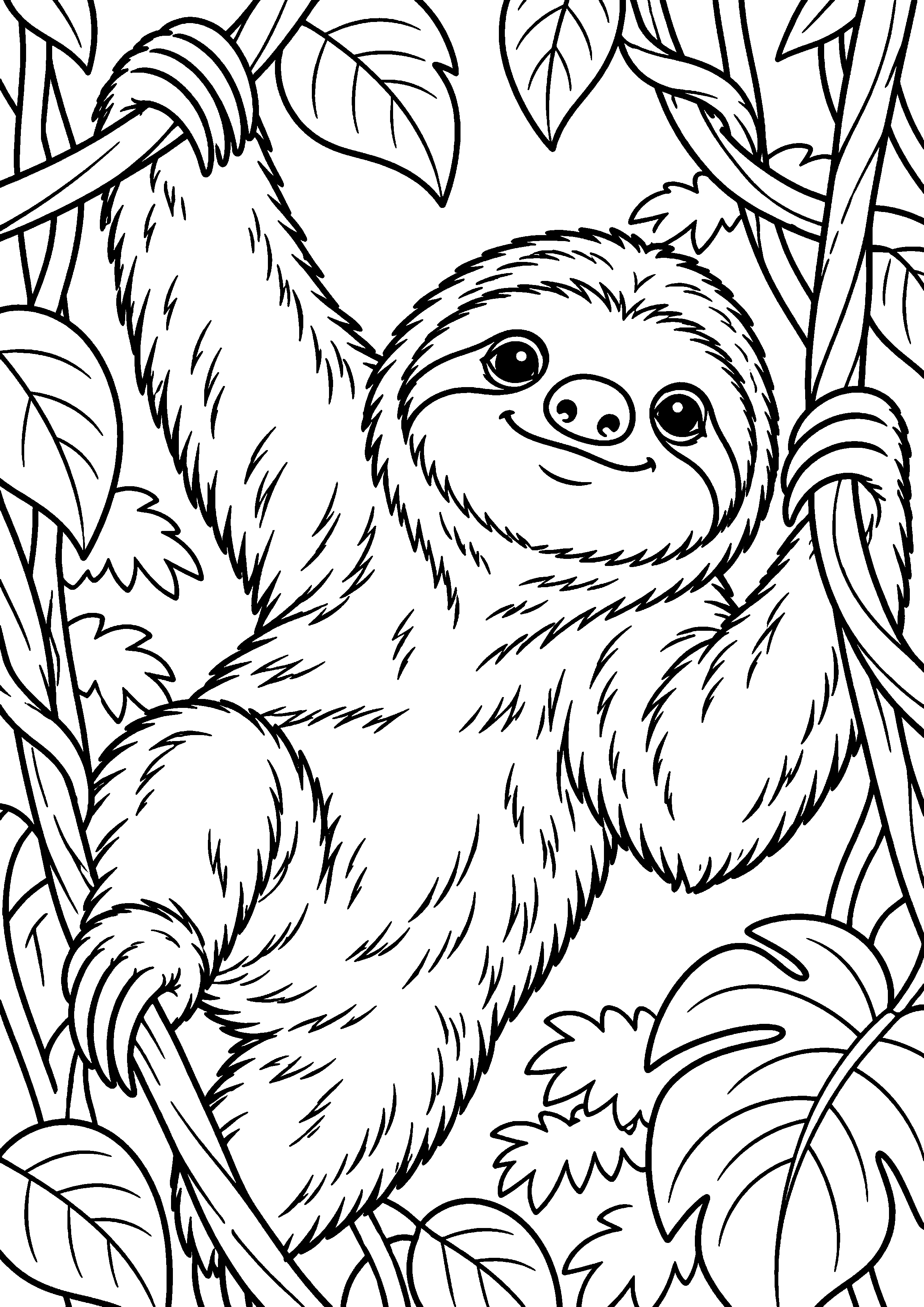 Grand coloriage d’un paresseux près de son abri naturel, contours noirs nets sur fond blanc