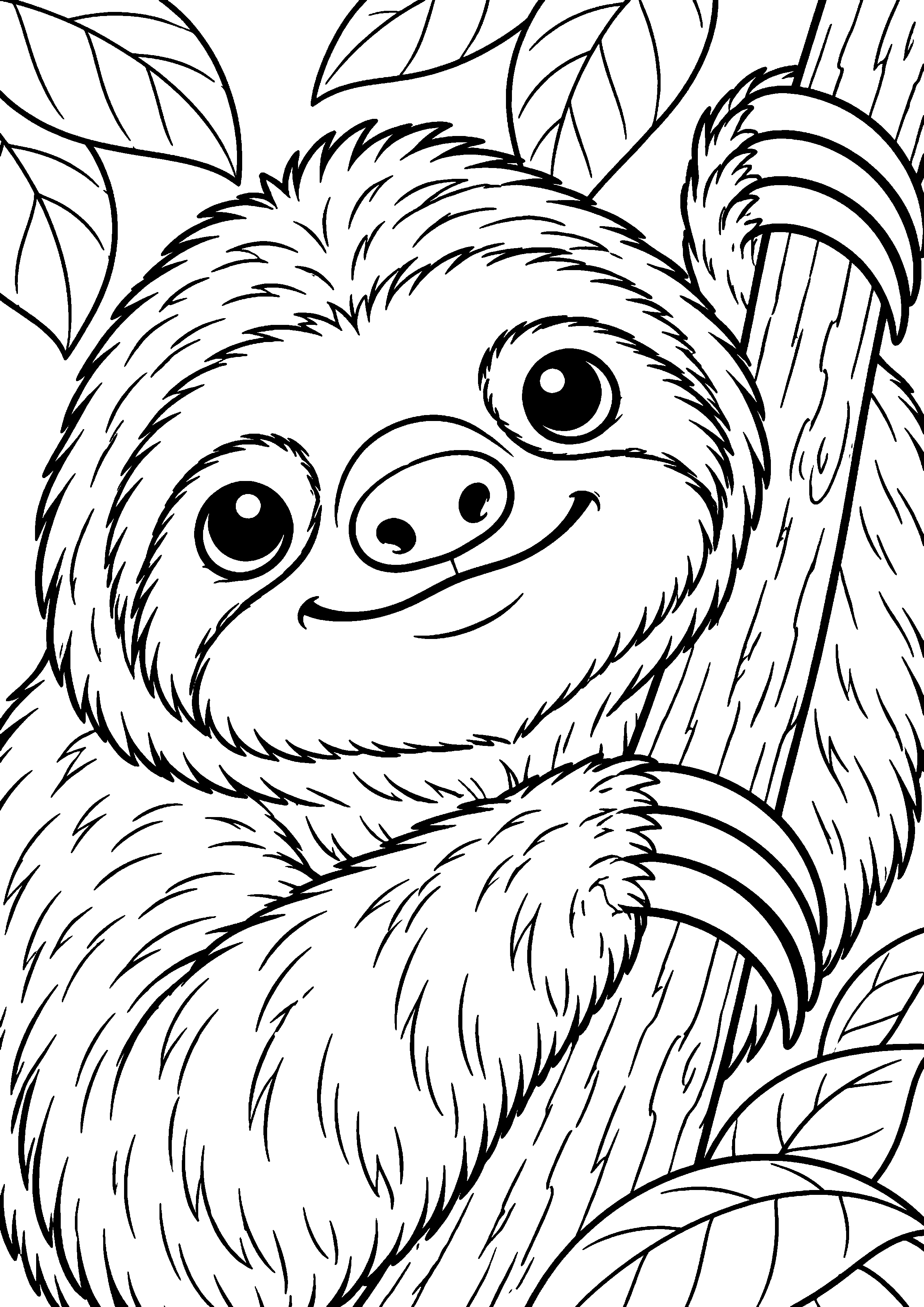 Grand coloriage d’un paresseux explorant de grands rochers, contours noirs nets sur fond blanc