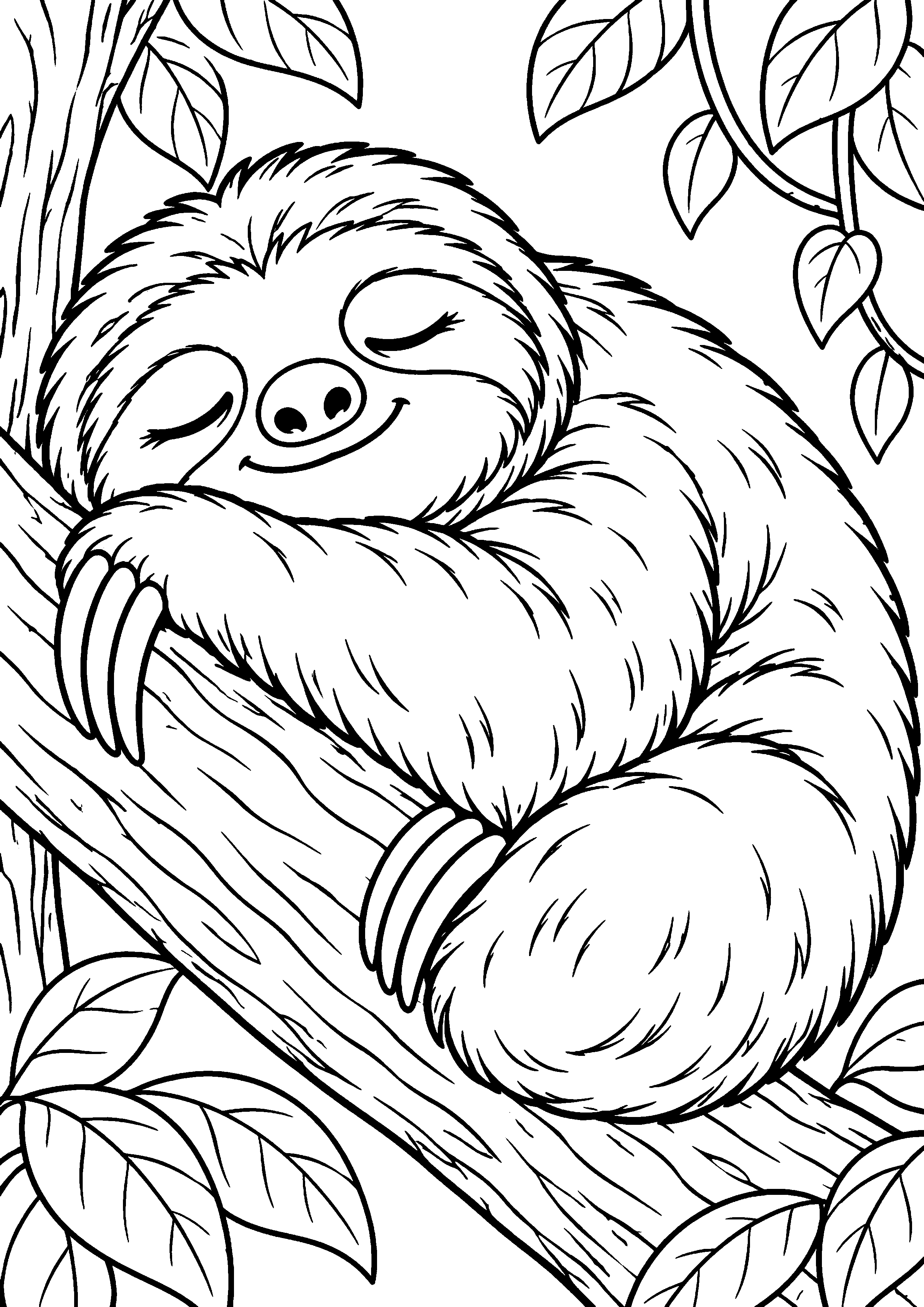 Grand coloriage d’un paresseux traversant un tronc couché, contours noirs nets sur fond blanc