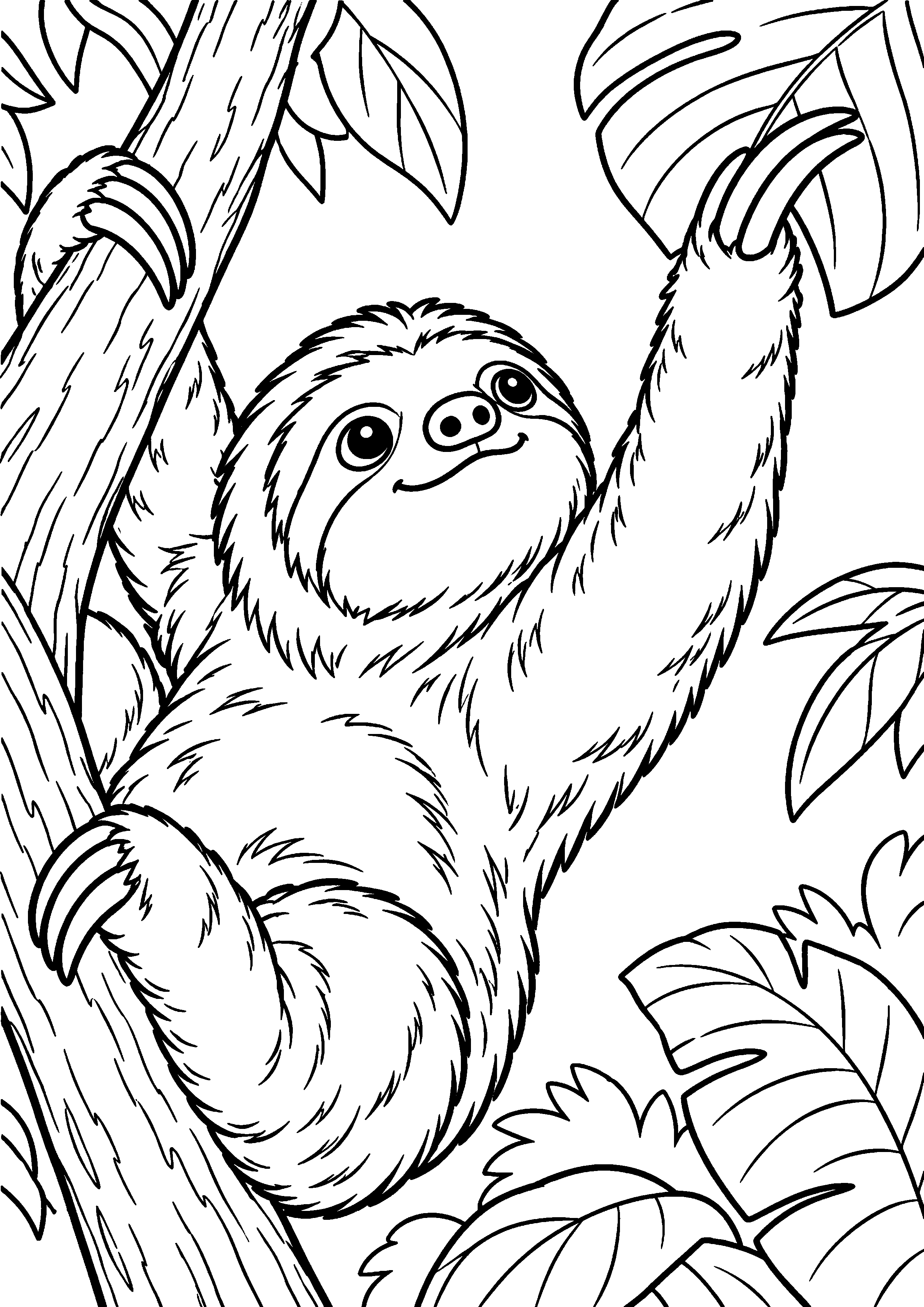 Grand coloriage d’un paresseux levant la tête vers un oiseau, contours noirs nets sur fond blanc