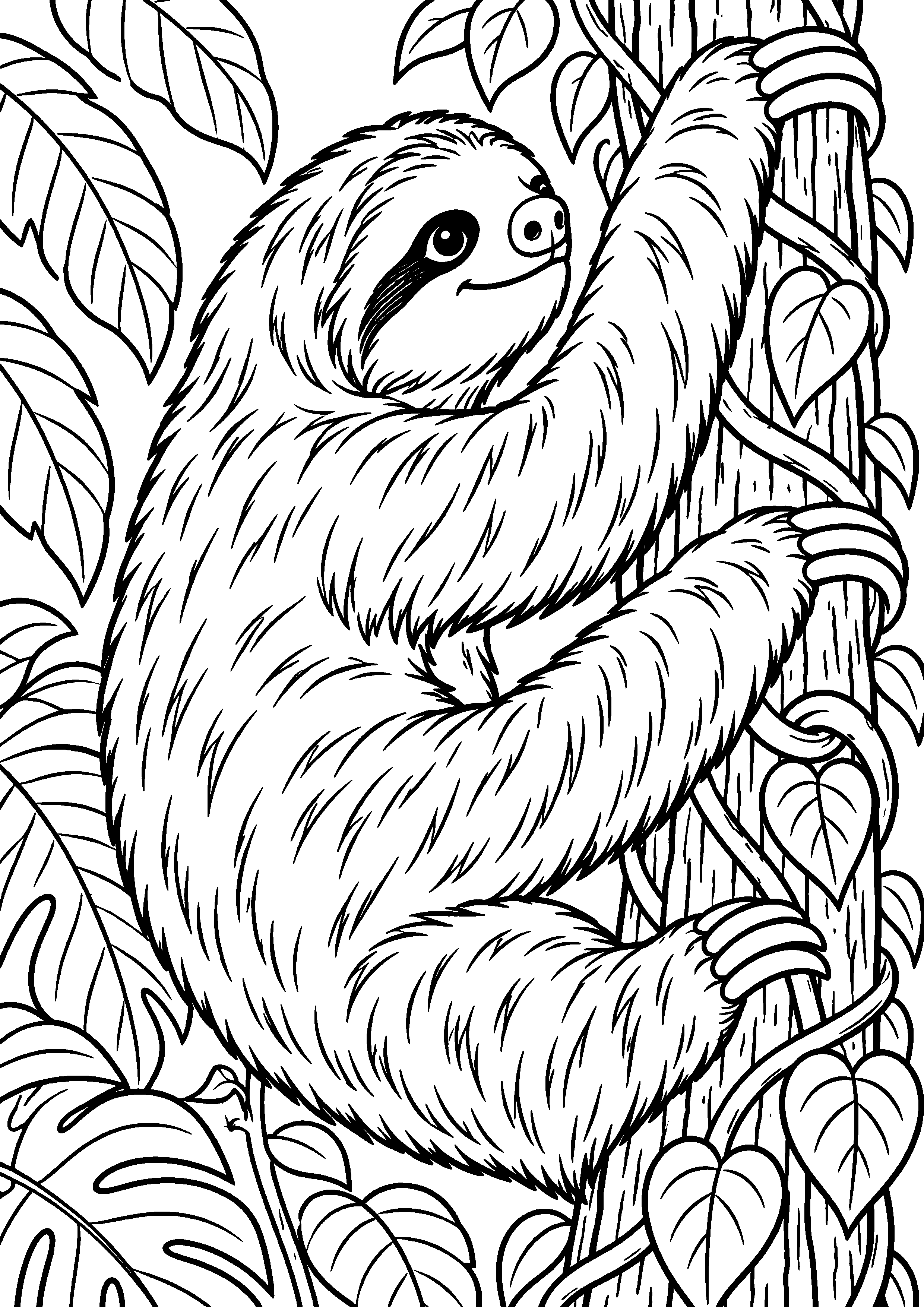 Grand coloriage d’un paresseux faisant sa toilette, contours noirs nets sur fond blanc