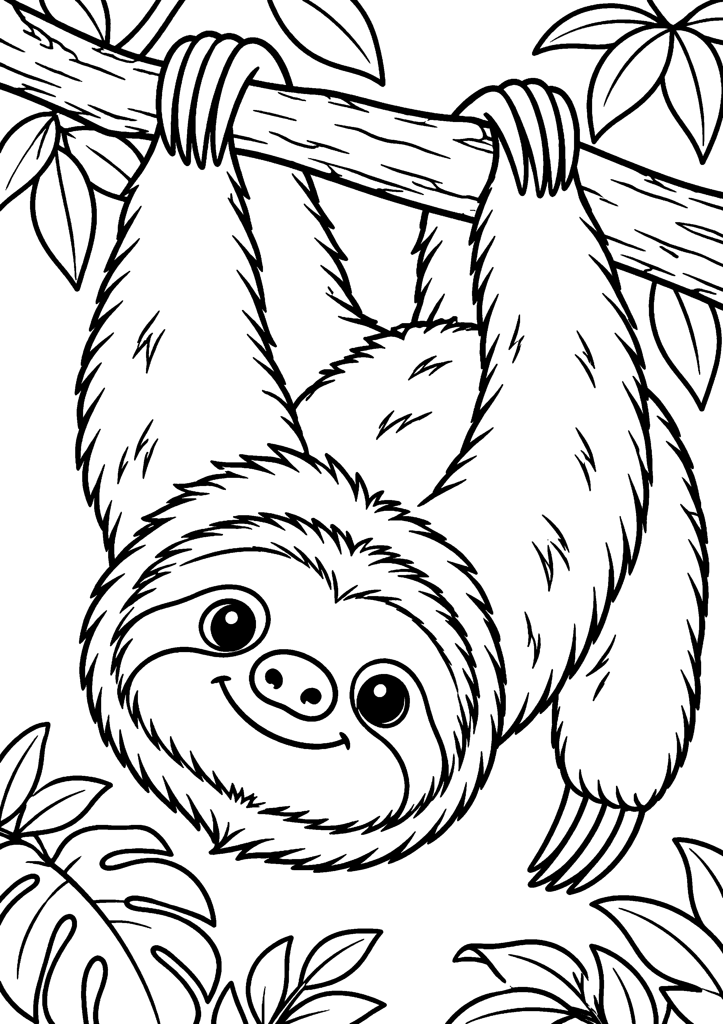Grand coloriage d’un paresseux s’étirant au réveil, contours noirs nets sur fond blanc