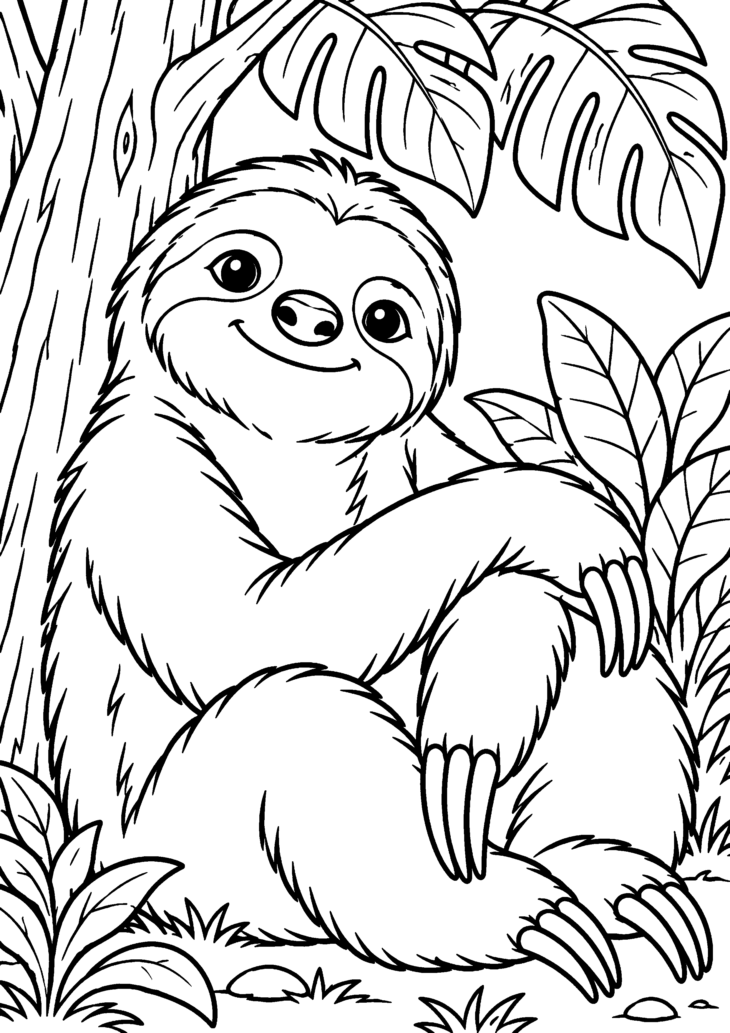 Grand coloriage d’un paresseux roulé en boule pour dormir, contours noirs nets sur fond blanc