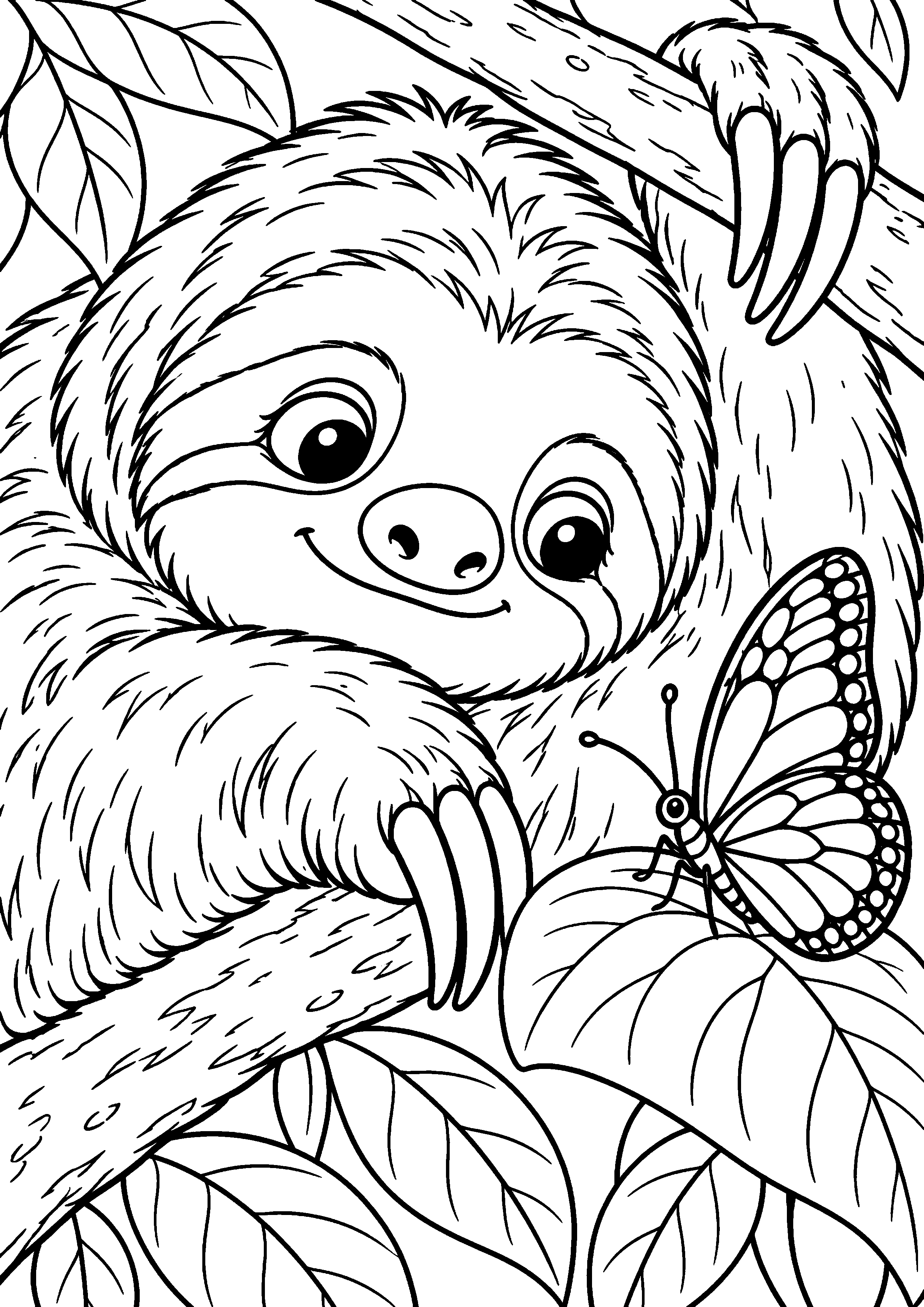 Grand coloriage d’un paresseux dans une posture curieuse très expressive, contours noirs nets sur fond blanc