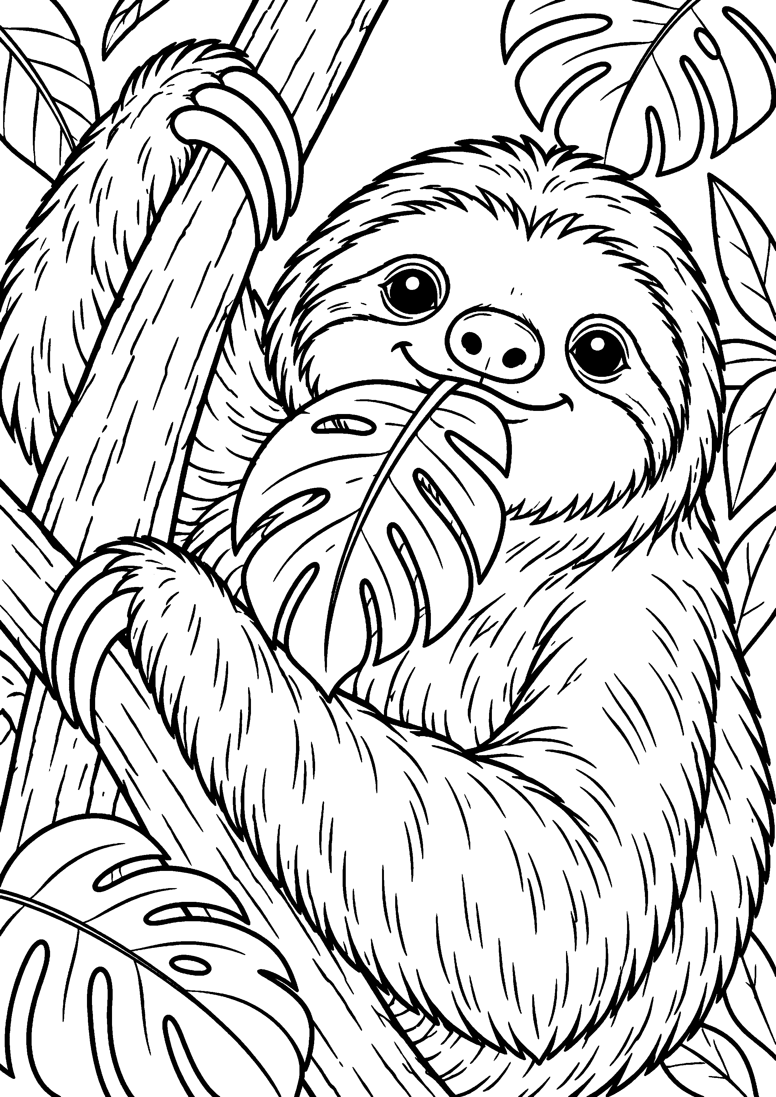 Grand coloriage d’un paresseux en silhouette entière facile à colorier, contours noirs nets sur fond blanc