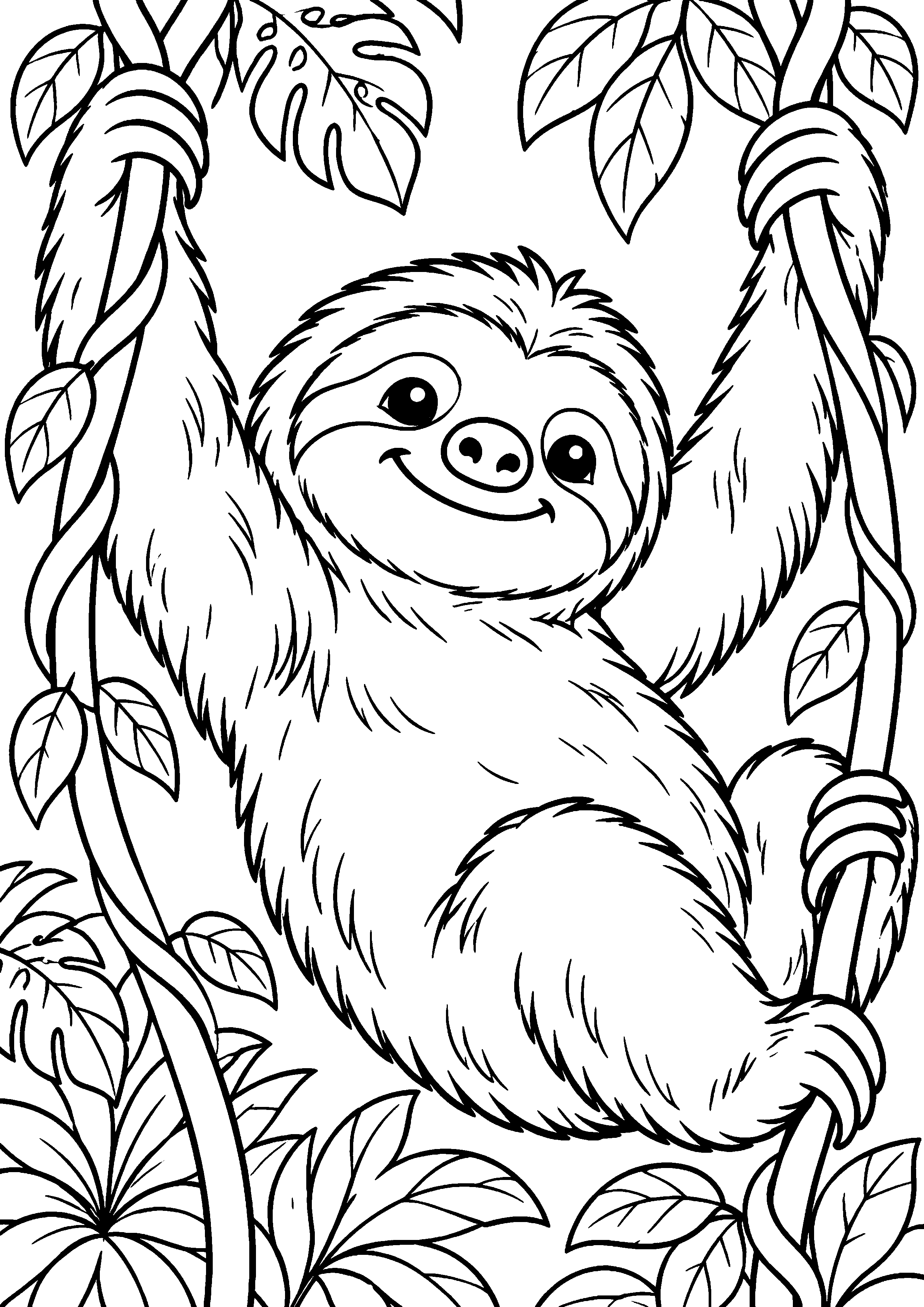 Grand coloriage d’un paresseux en portrait facile pour la maternelle, contours noirs nets sur fond blanc