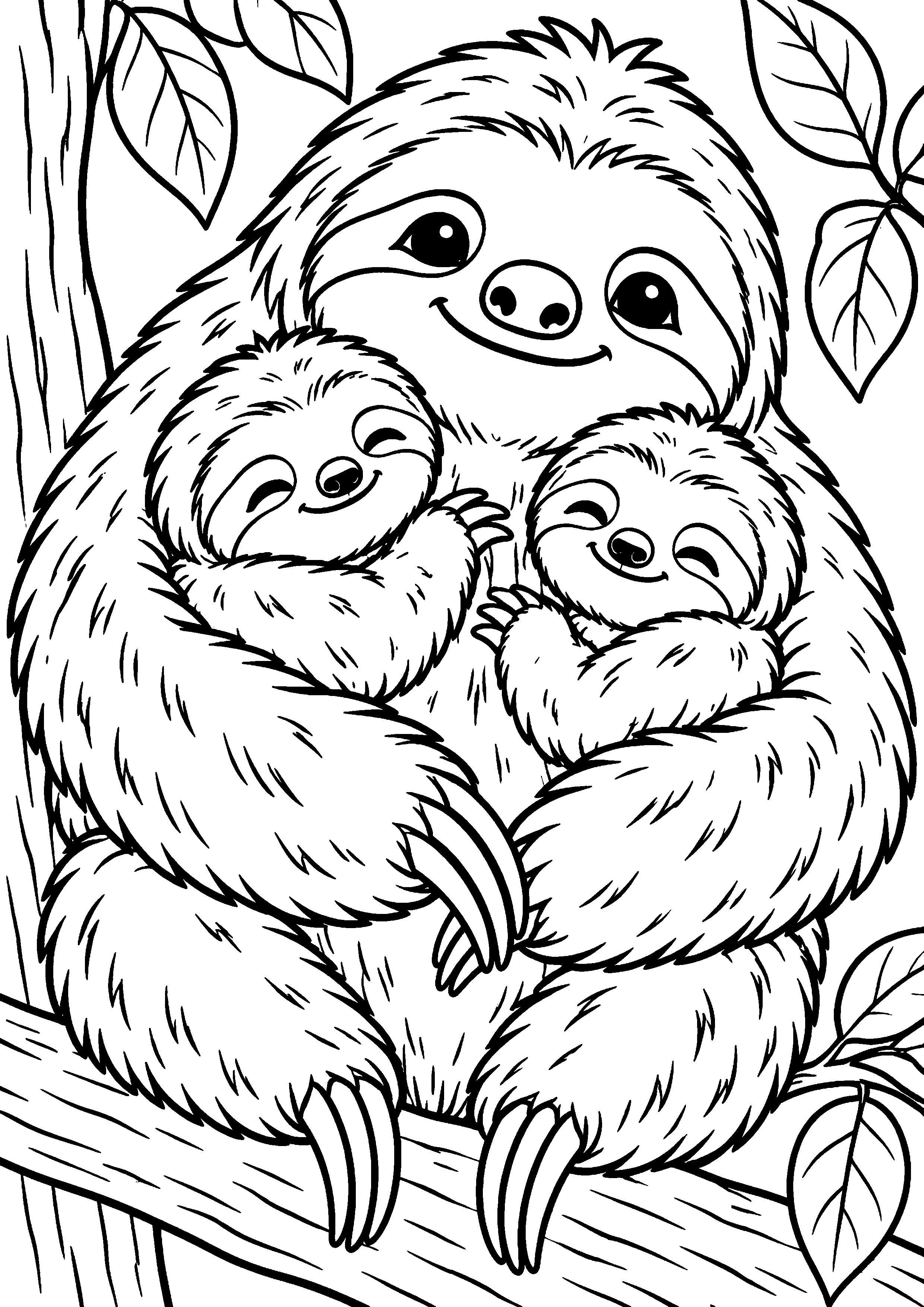 Grand coloriage d’un paresseux dans une végétation simple, contours noirs nets sur fond blanc