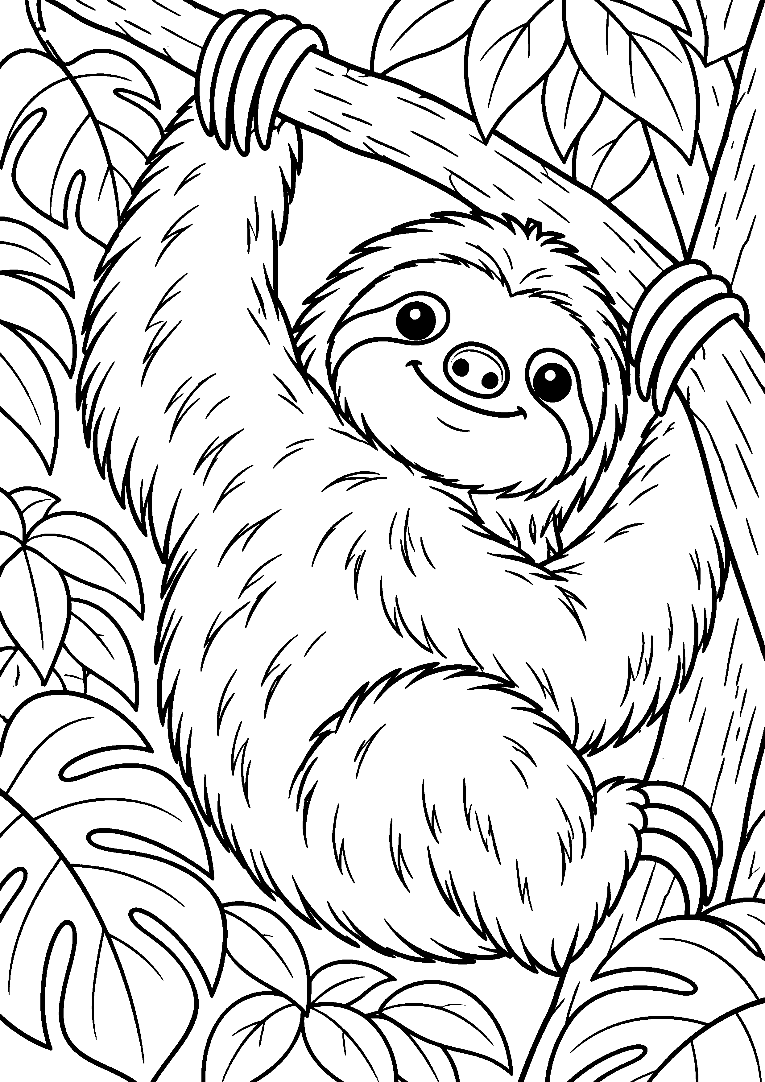 Grand coloriage d’un paresseux en portrait détaillé montrant son pelage, contours noirs nets sur fond blanc