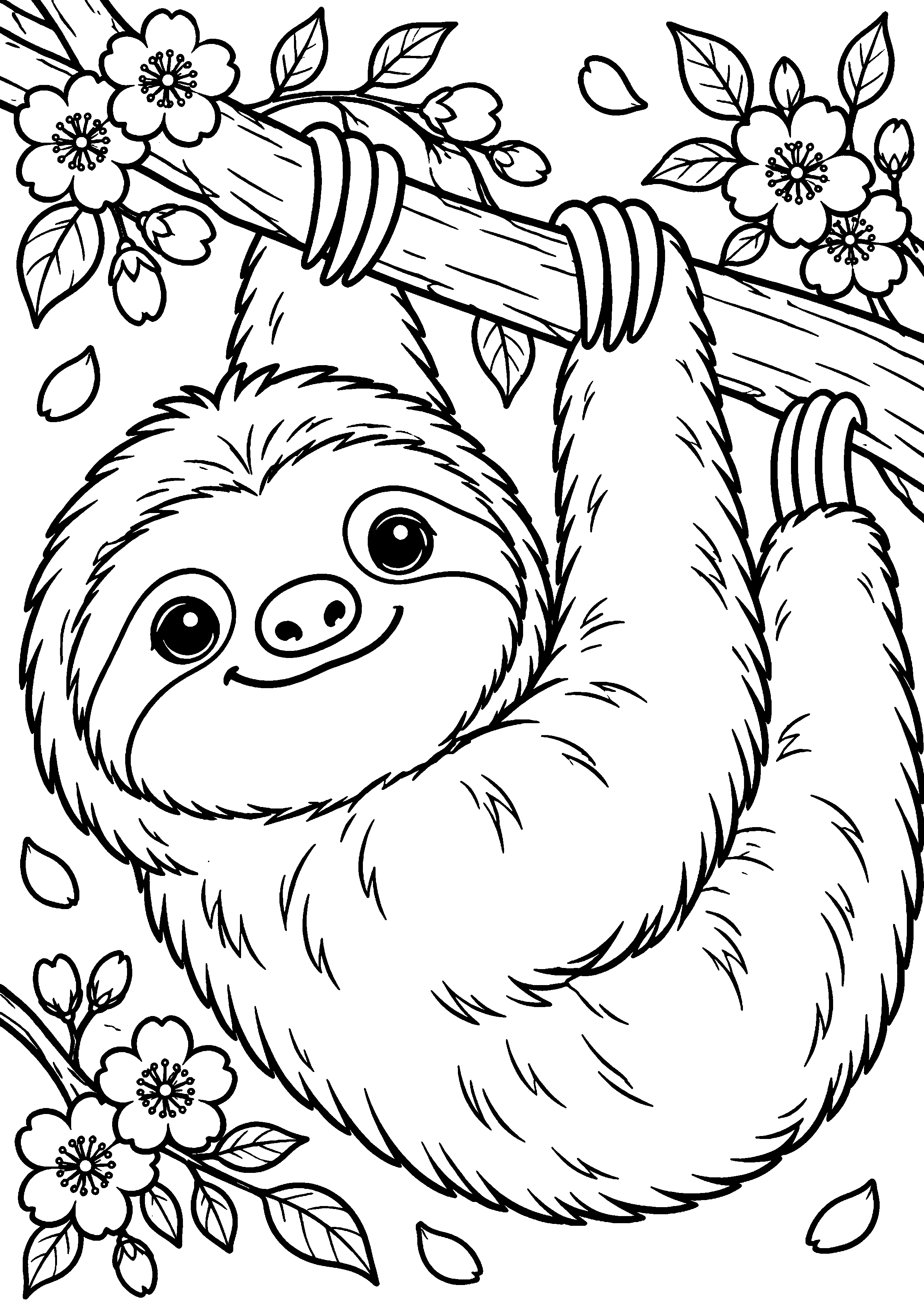Grand coloriage d’un paresseux dans son habitat naturel détaillé, contours noirs nets sur fond blanc
