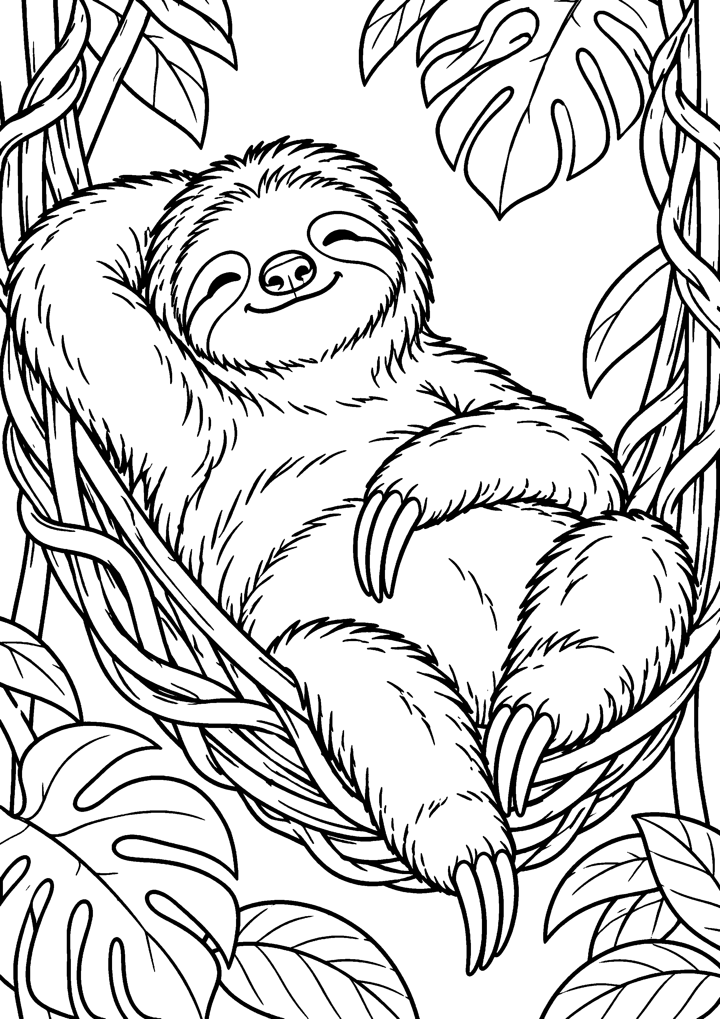 Grand coloriage d’un paresseux vu légèrement d’en haut en plein cadre, contours noirs nets sur fond blanc