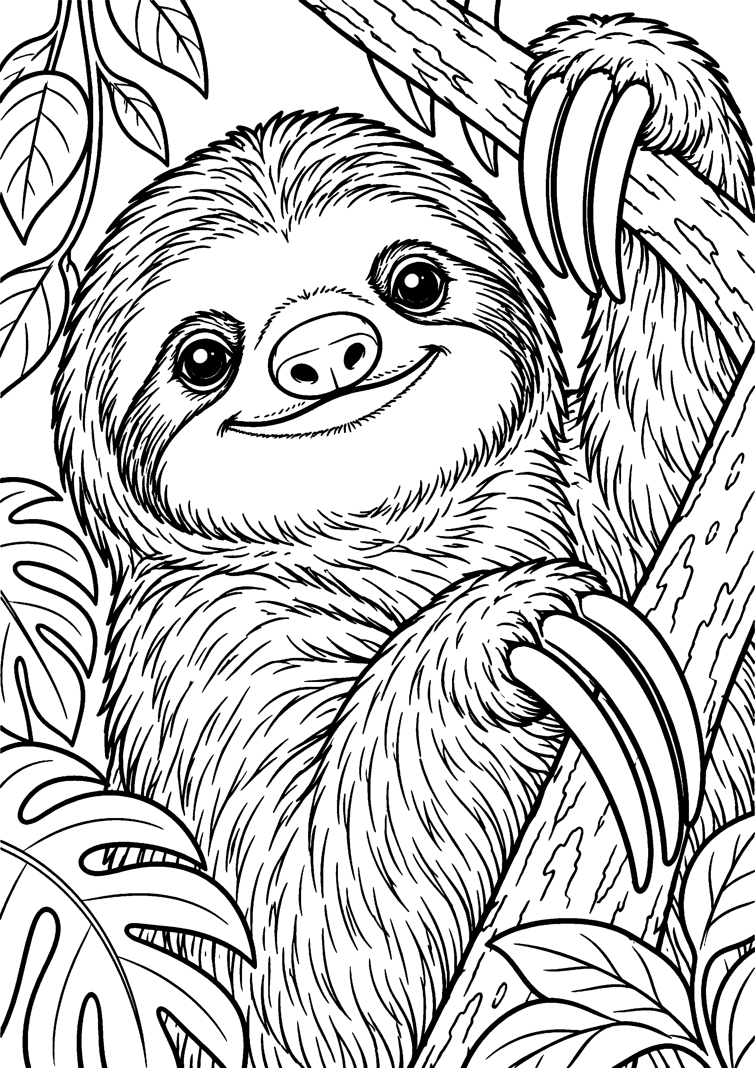 Grand coloriage d’un paresseux avec deux petits qui jouent, contours noirs nets sur fond blanc
