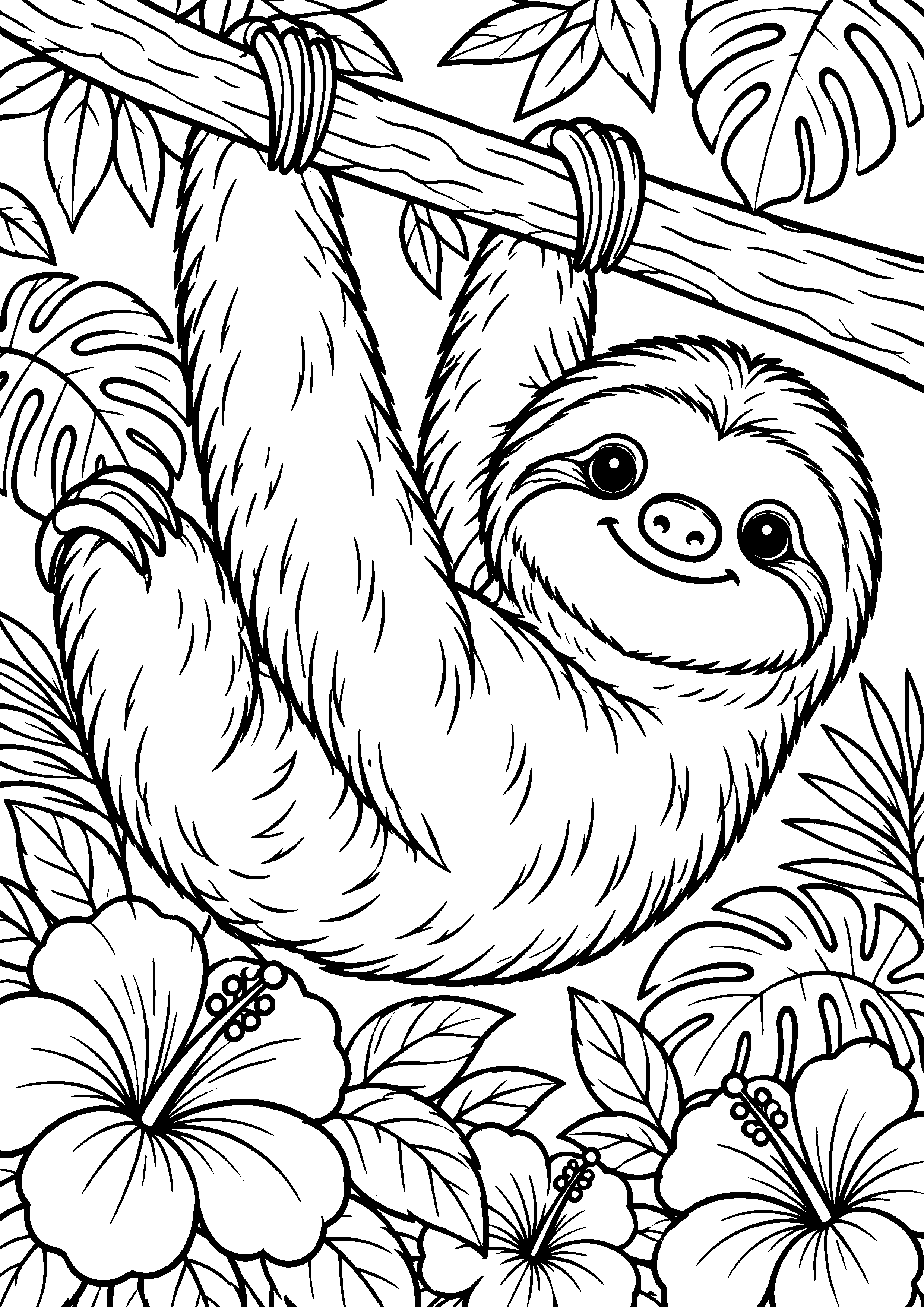 Grand coloriage d’un paresseux transportant un élément naturel, contours noirs nets sur fond blanc
