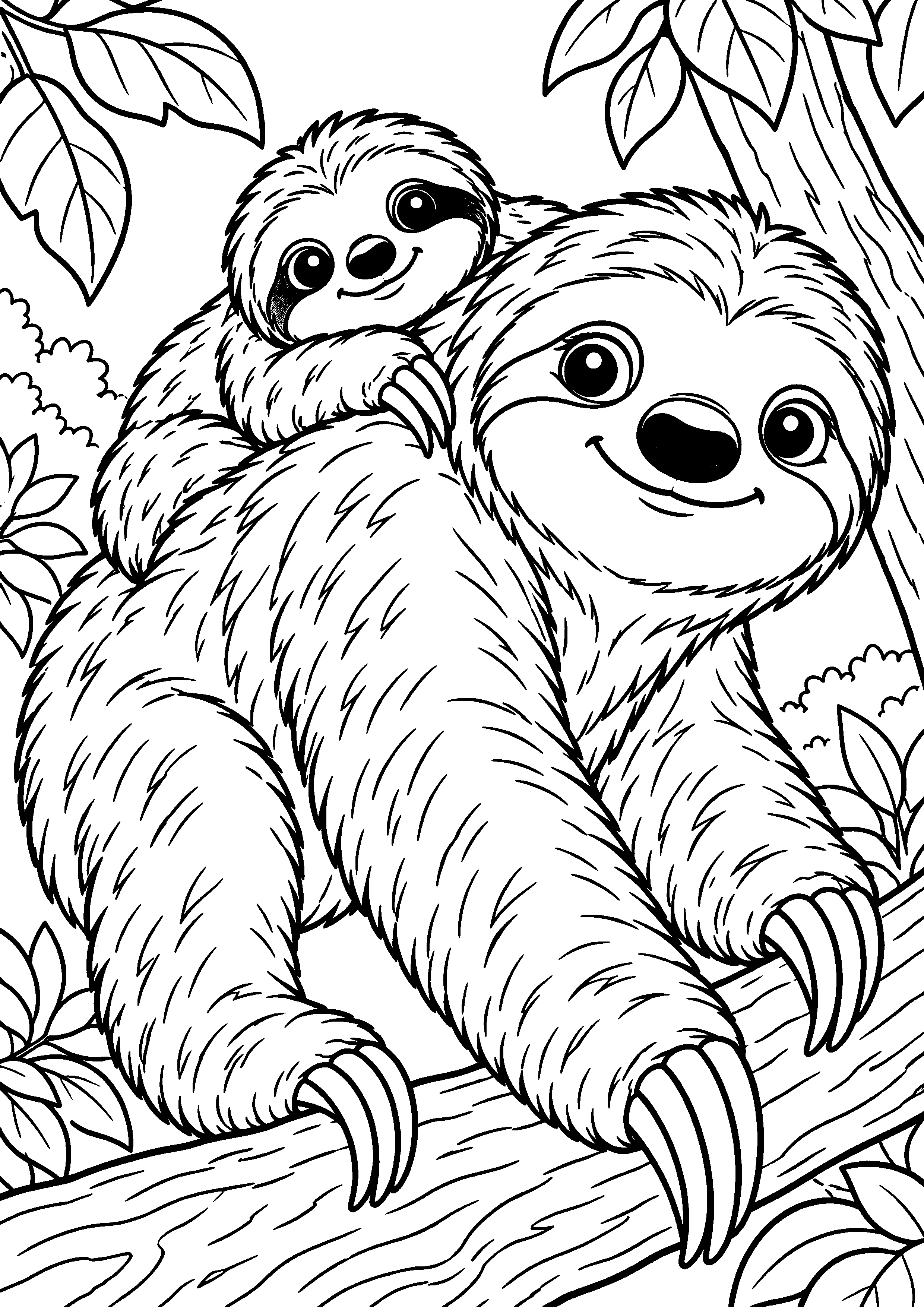 Grand coloriage d’un paresseux écoutant un bruit dans son habitat, contours noirs nets sur fond blanc