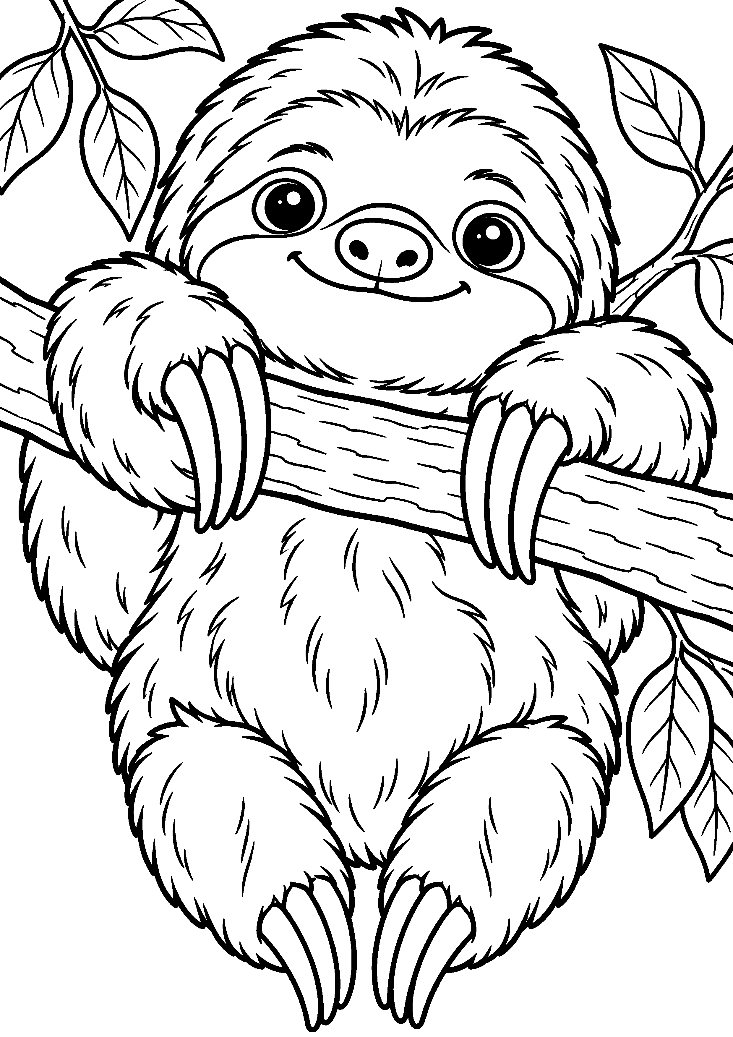 Grand coloriage d’un paresseux sortant derrière de grandes feuilles, contours noirs nets sur fond blanc