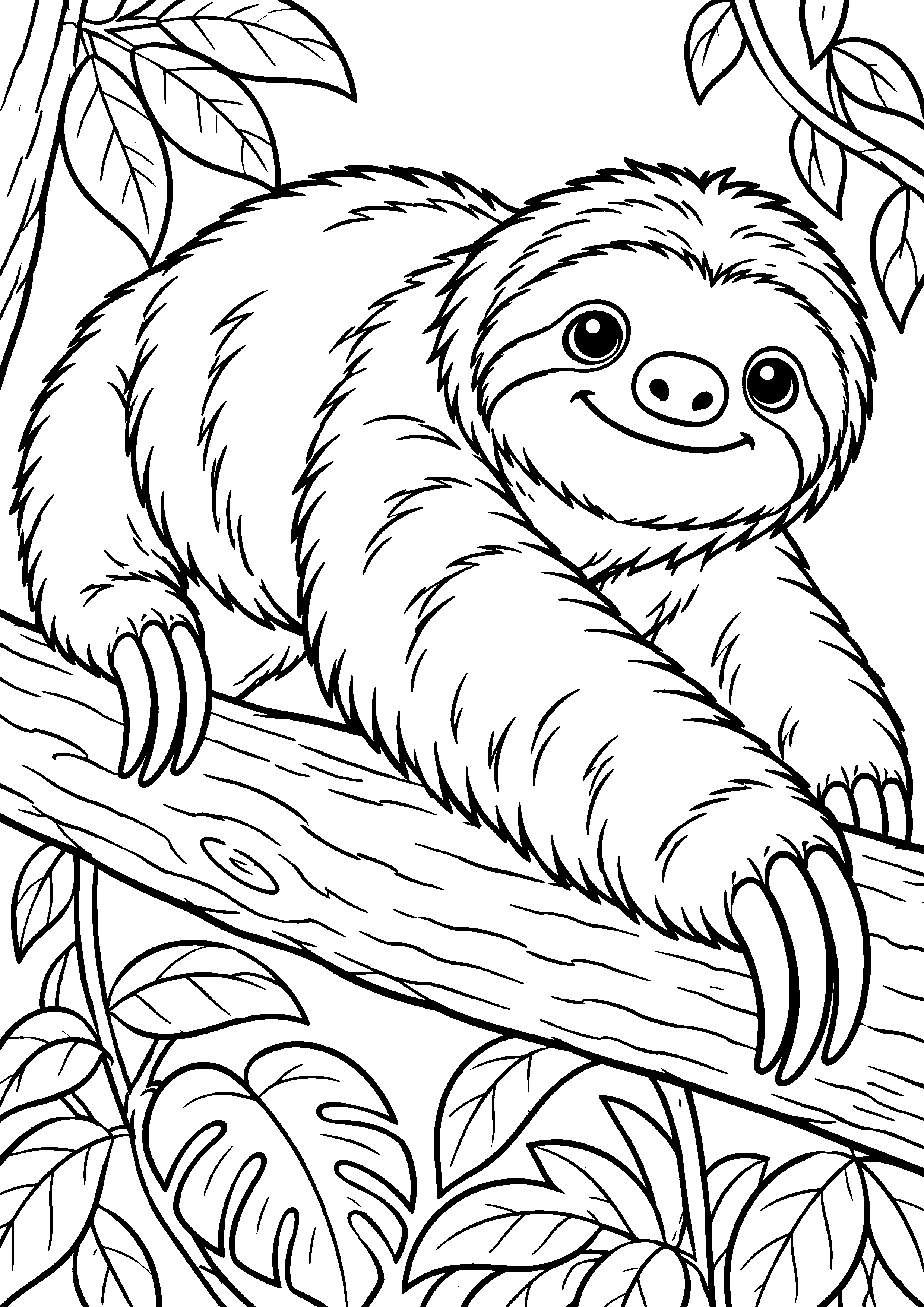 Grand coloriage d’un paresseux devant un paysage naturel simplifié, contours noirs nets sur fond blanc