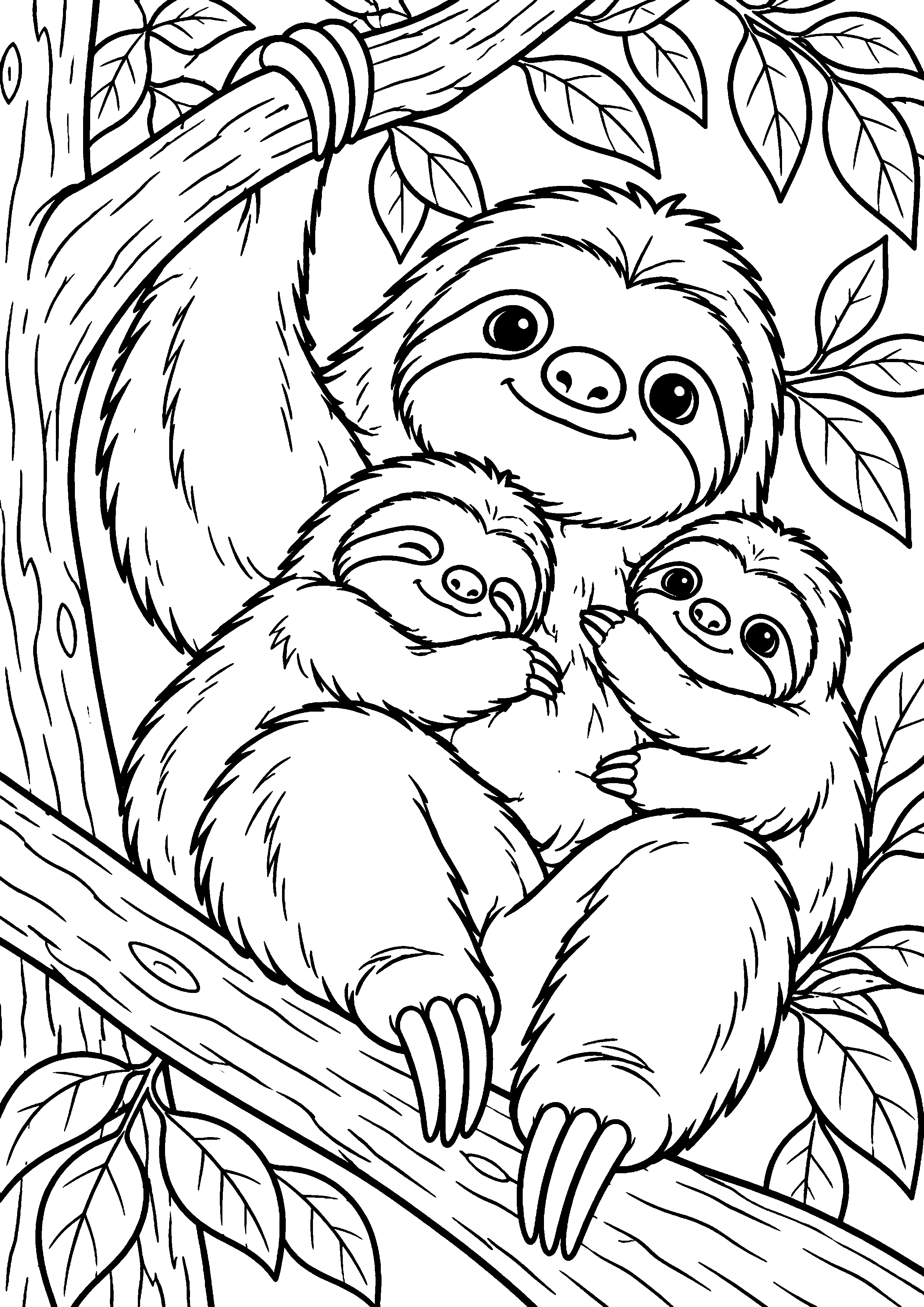 Grand coloriage d’un paresseux dans une composition naturaliste détaillée, contours noirs nets sur fond blanc