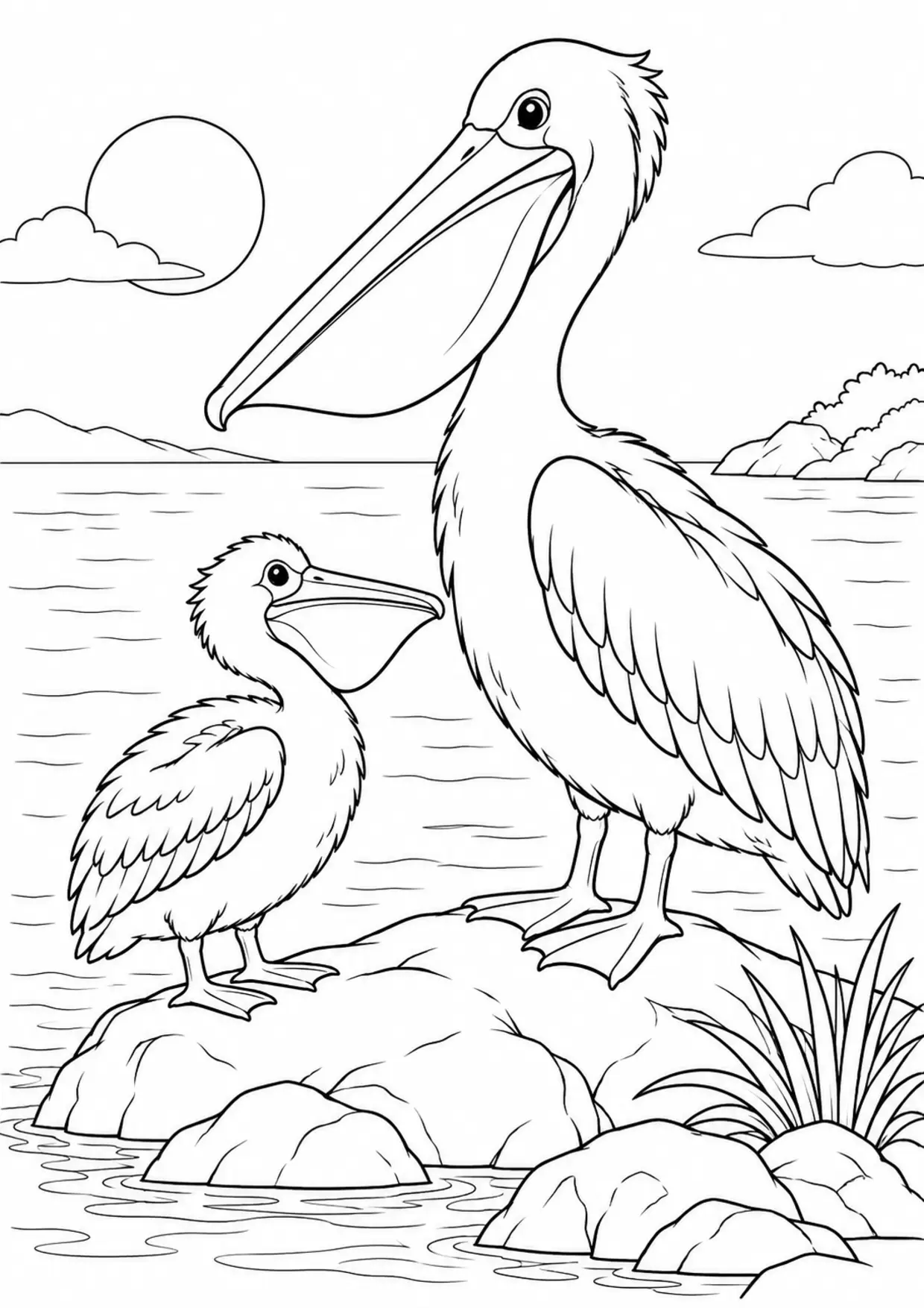 Coloriage pélican : adulte et petit près d’un rocher à imprimer