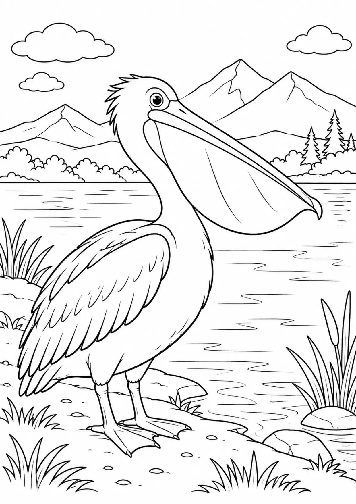 Coloriage pélican : animal dans un décor de montagnes, contours noirs nets et zones fermées sur fond blanc