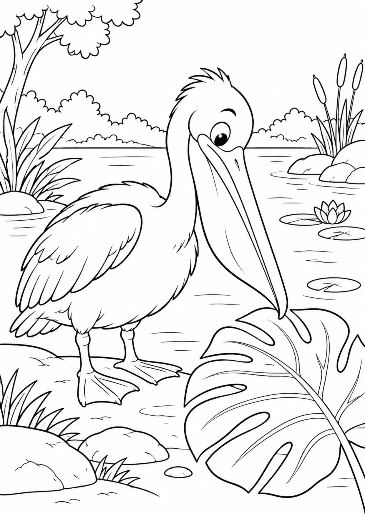 Coloriage pélican : jeune animal curieux avec une grande feuille à imprimer