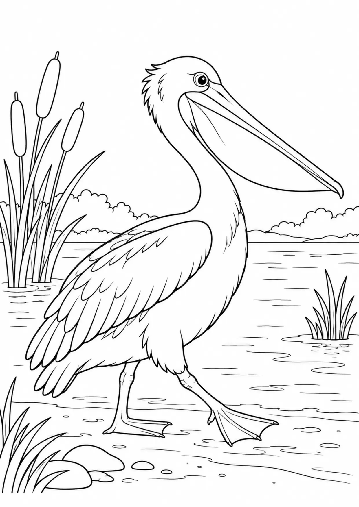 Coloriage pélican : profil marchant dans son habitat à imprimer
