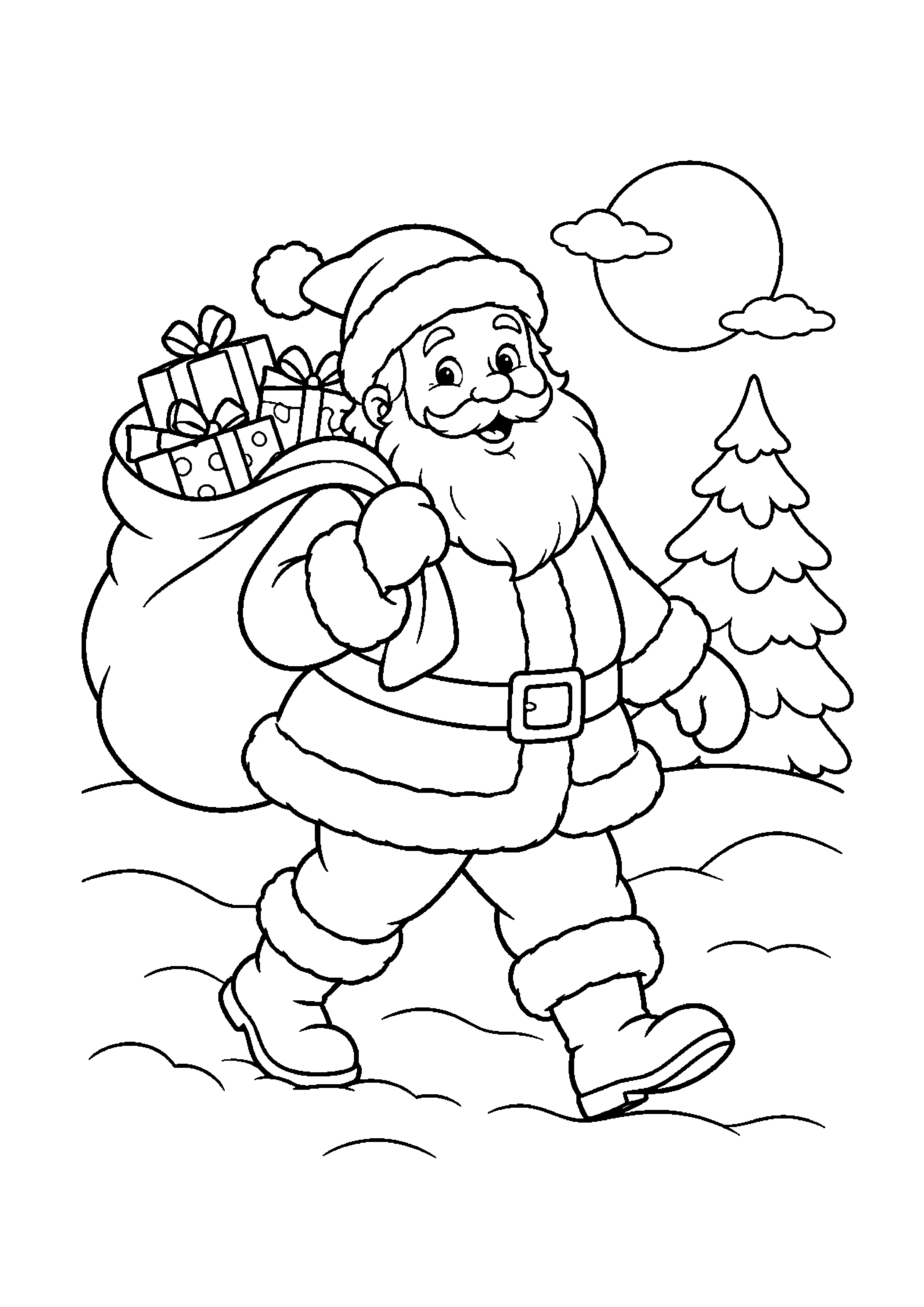 Coloriage Père Noël avec sa hotte, composition 2 de Noël à imprimer gratuitement