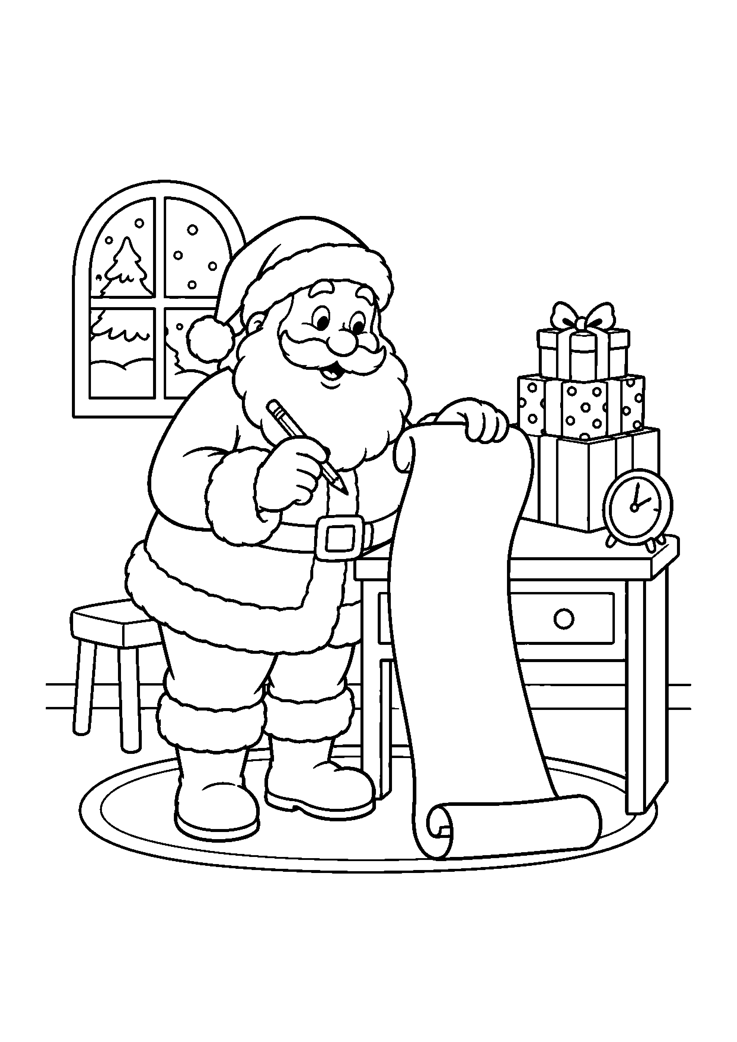 Coloriage Père Noël préparant son traîneau, composition 10 de Noël à imprimer gratuitement