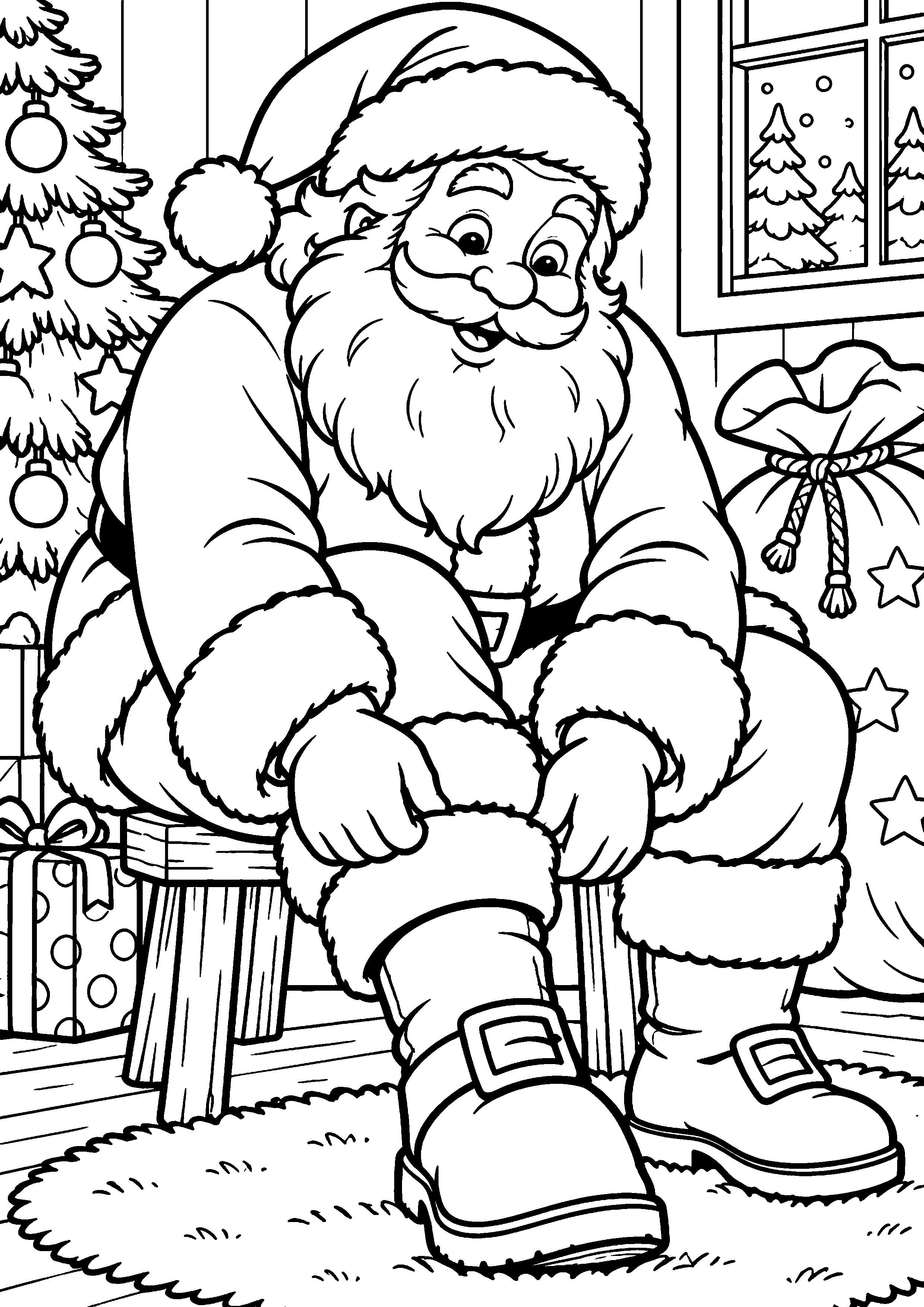 Coloriage en noir et blanc représentant Père Noël ajustant ses bottes avant le départ, en grand format A4