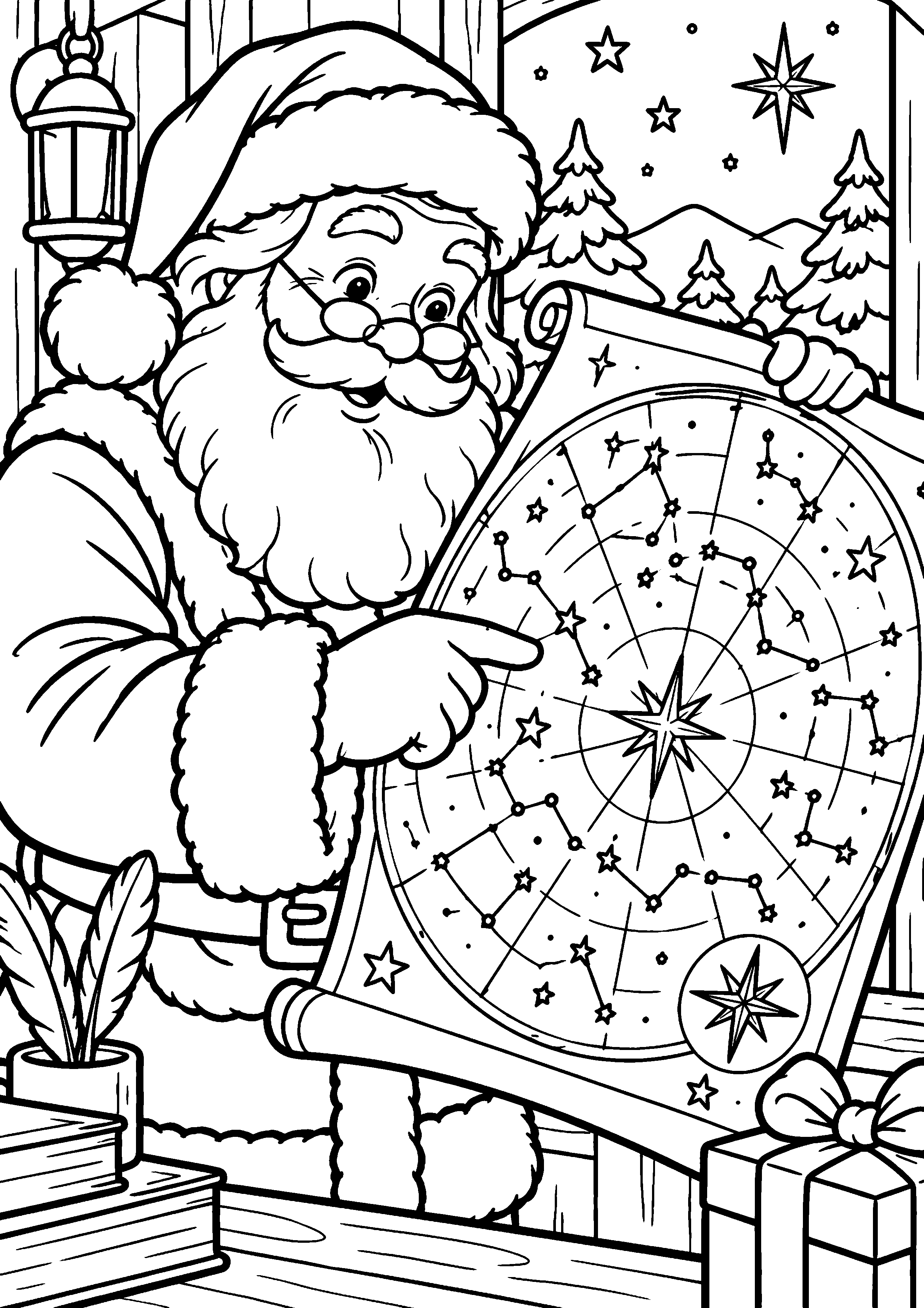 Coloriage en noir et blanc représentant Père Noël consultant une grande carte du ciel sans texte, en grand format A4