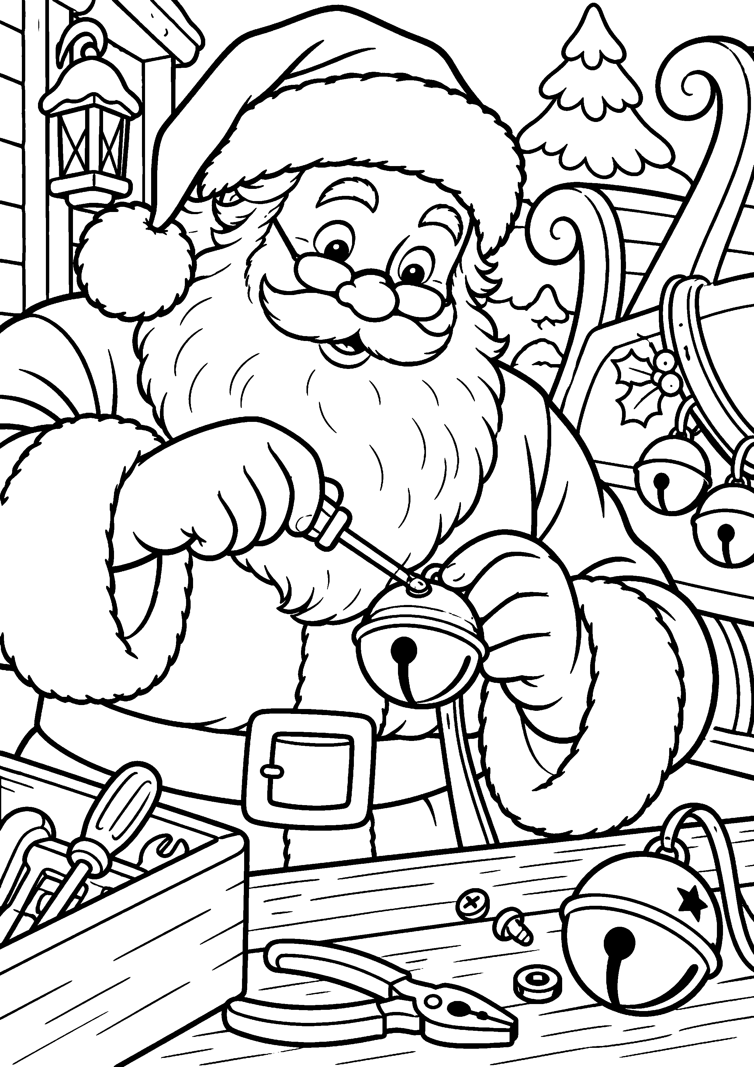 Coloriage en noir et blanc représentant Père Noël réparant une clochette de traîneau, en grand format A4