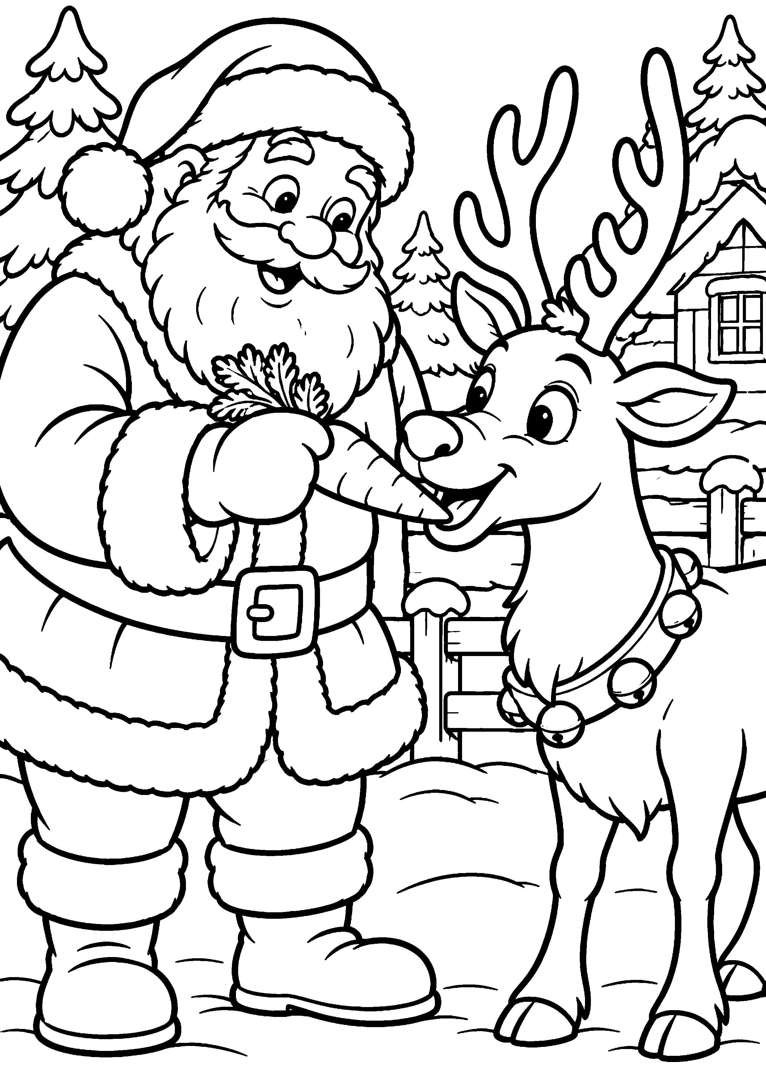 Coloriage en noir et blanc représentant Père Noël donnant une carotte à un renne, en grand format A4