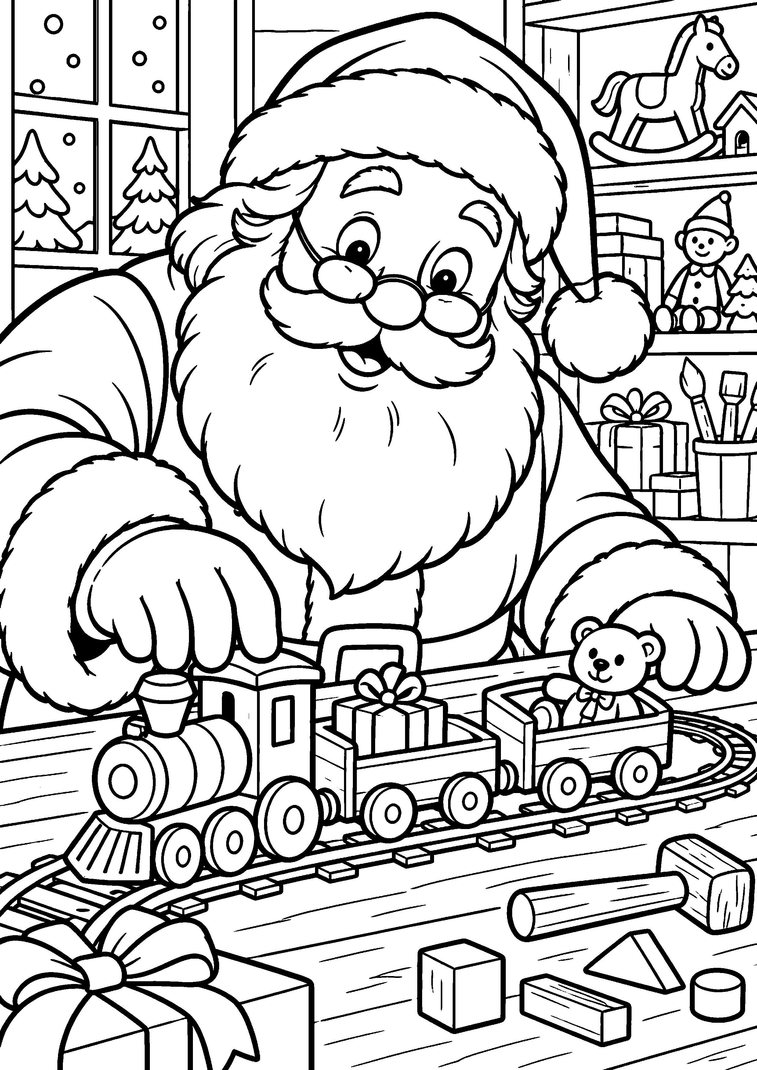 Coloriage en noir et blanc représentant Père Noël testant un petit train en bois, en grand format A4