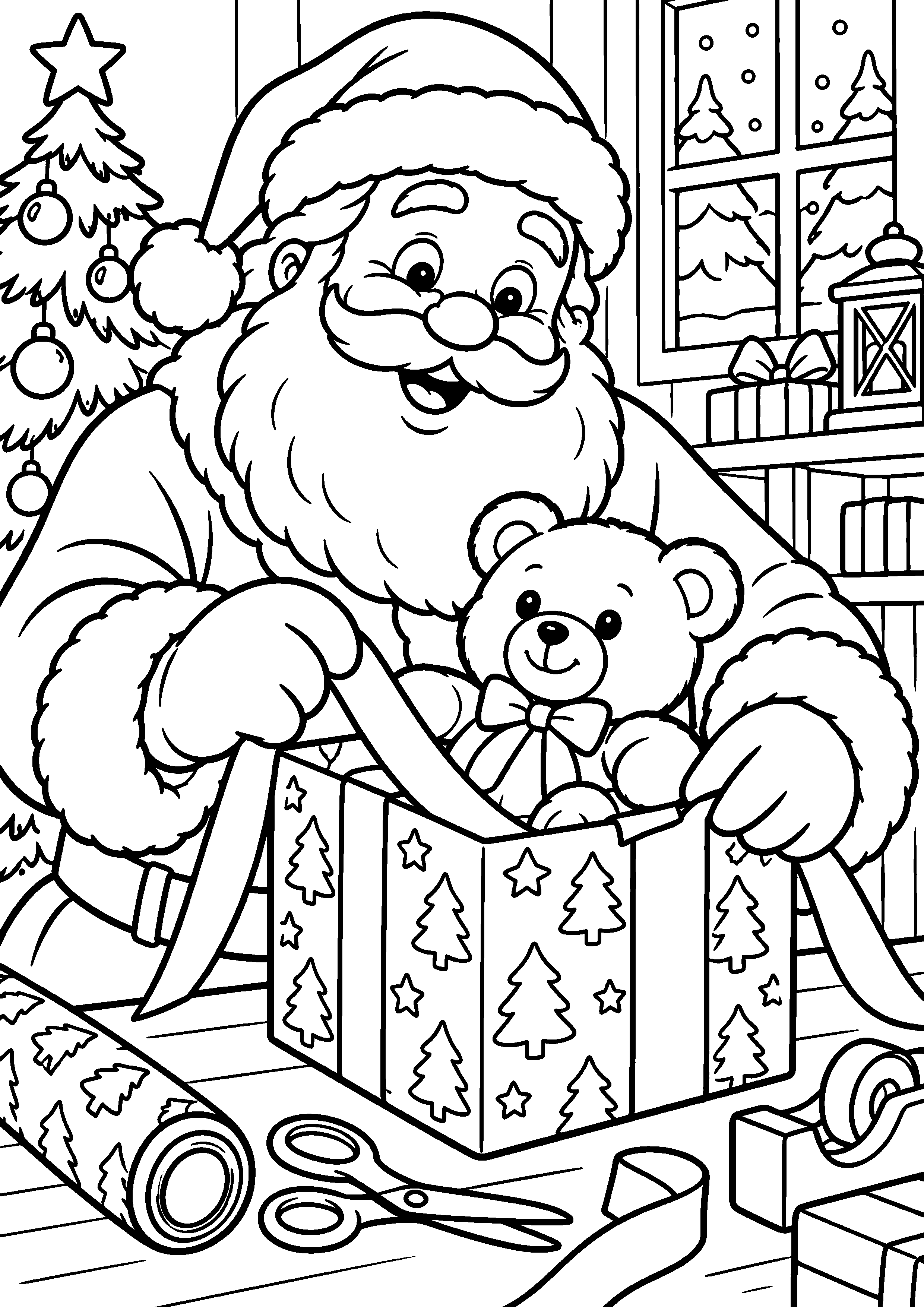Coloriage en noir et blanc représentant Père Noël empaquetant un ours en peluche générique, en grand format A4