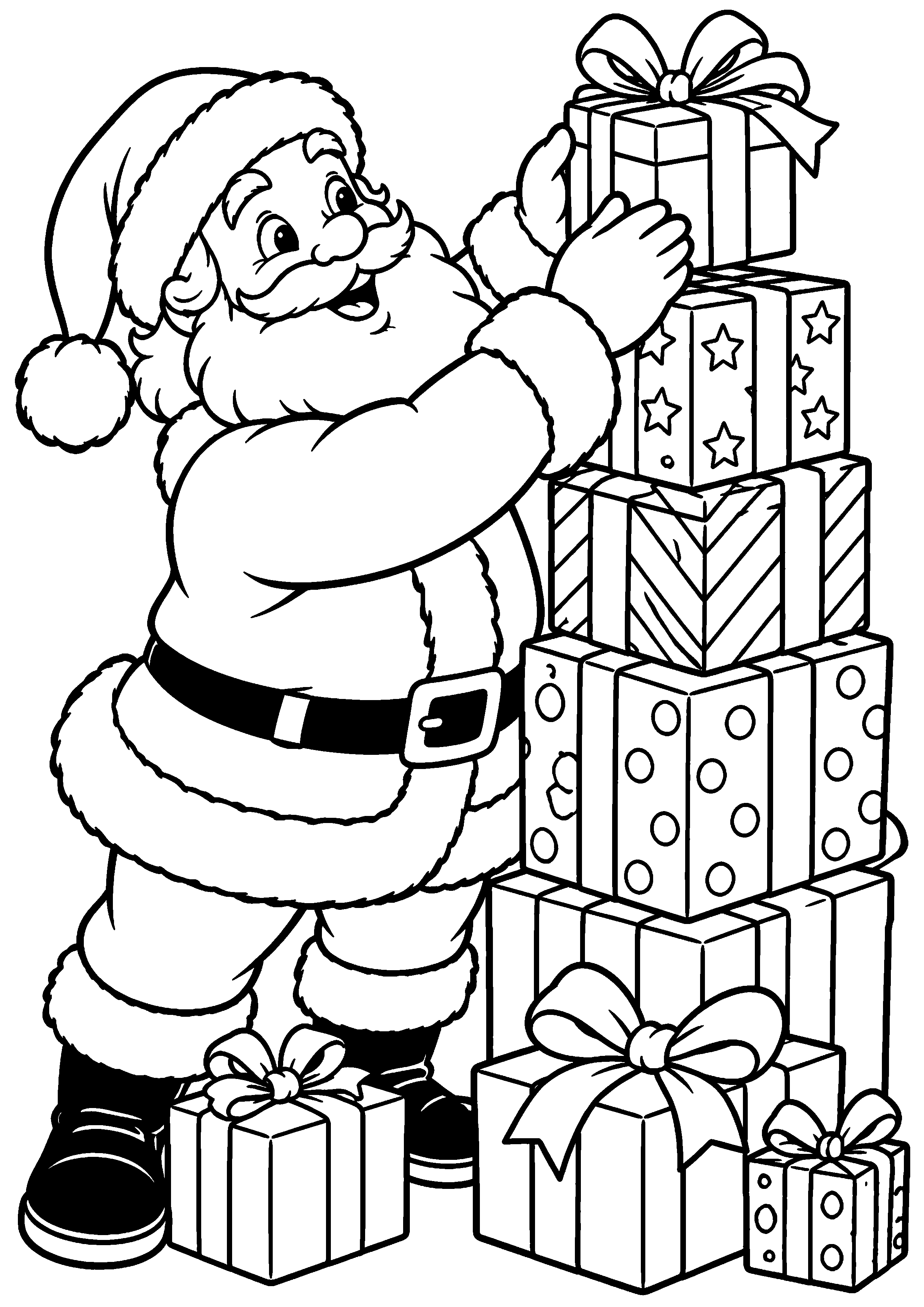 Coloriage en noir et blanc représentant Père Noël empilant des cadeaux pour former une tour, en grand format A4