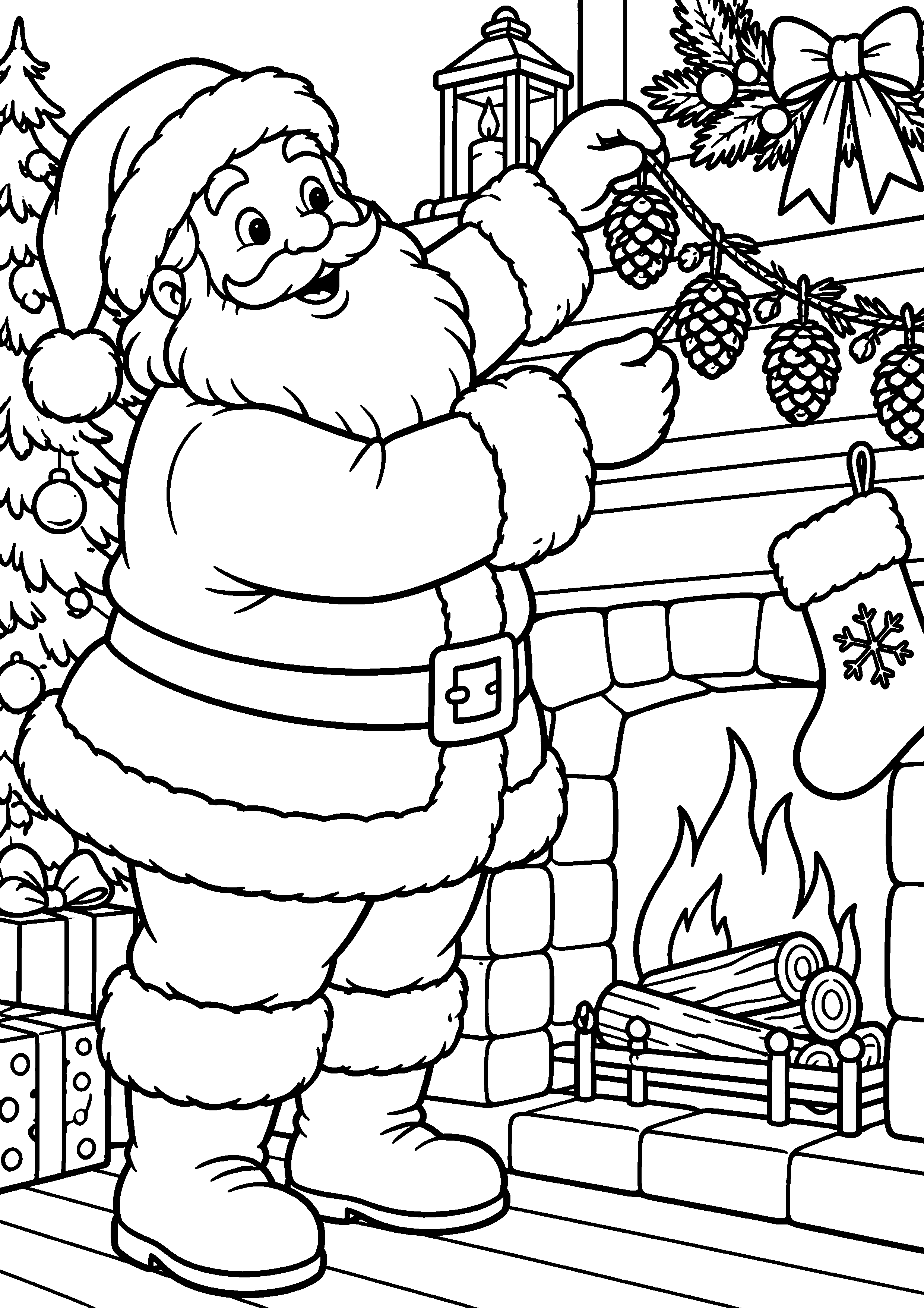 Coloriage en noir et blanc représentant Père Noël suspendant une guirlande de pommes de pin, en grand format A4
