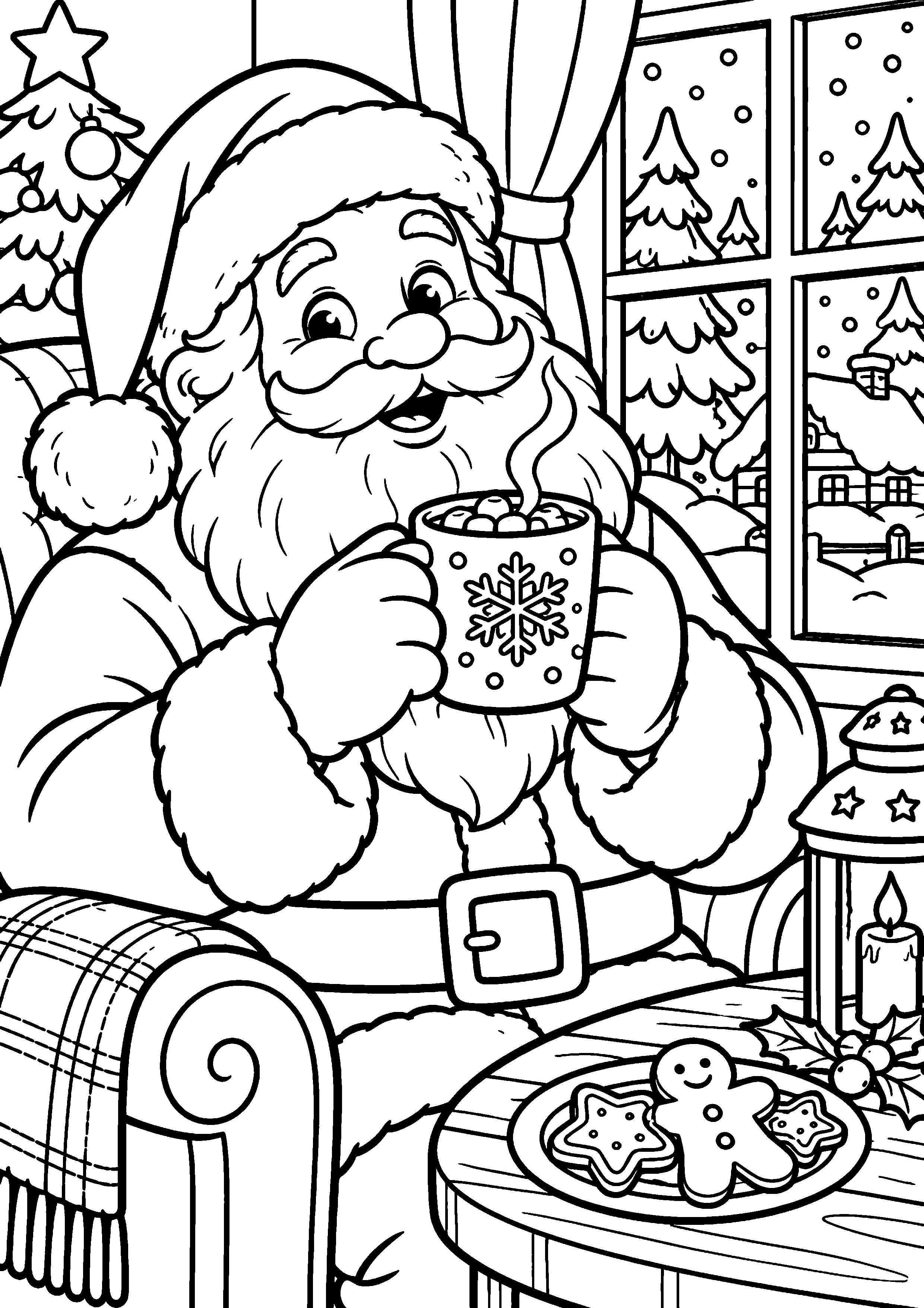 Coloriage en noir et blanc représentant Père Noël buvant un chocolat chaud près d'une fenêtre enneigée, en grand format A4