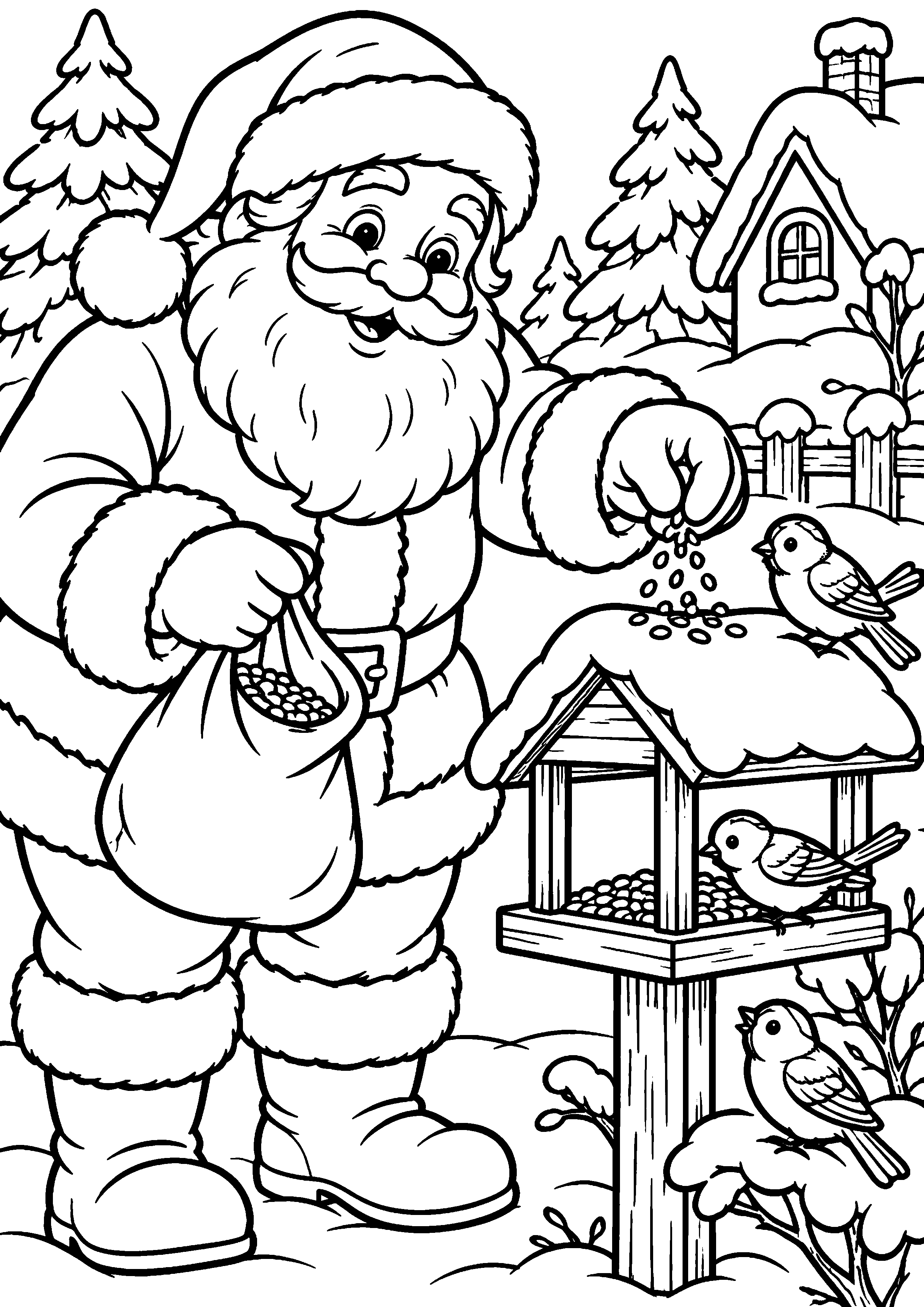 Coloriage en noir et blanc représentant Père Noël déposant des graines pour les oiseaux, en grand format A4