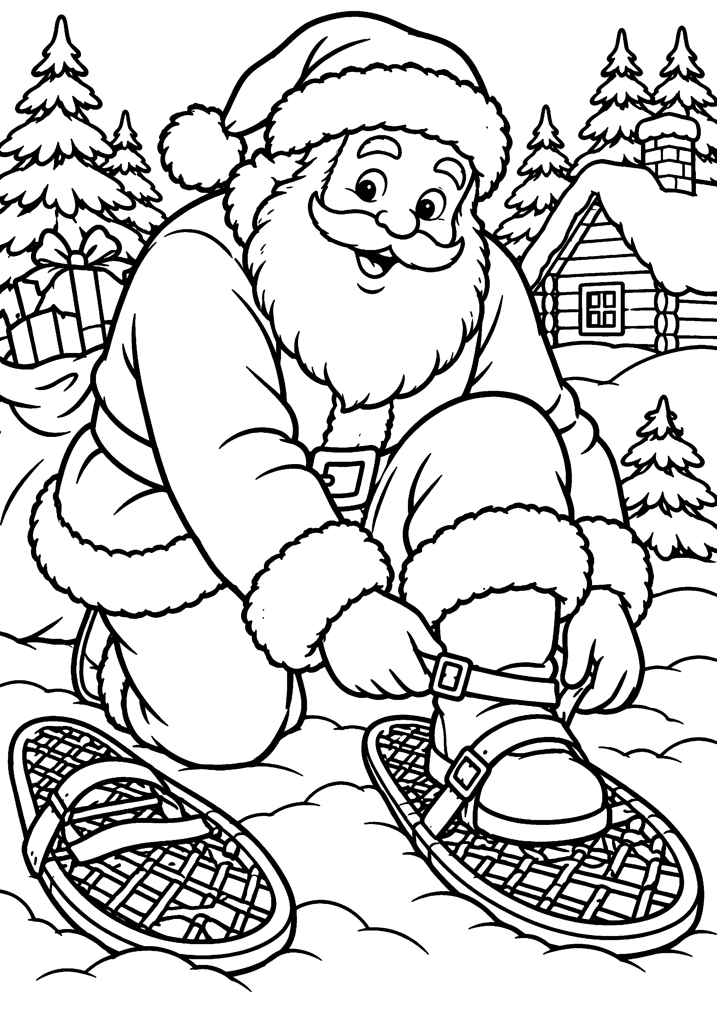 Coloriage en noir et blanc représentant Père Noël chaussant des raquettes dans la neige, en grand format A4