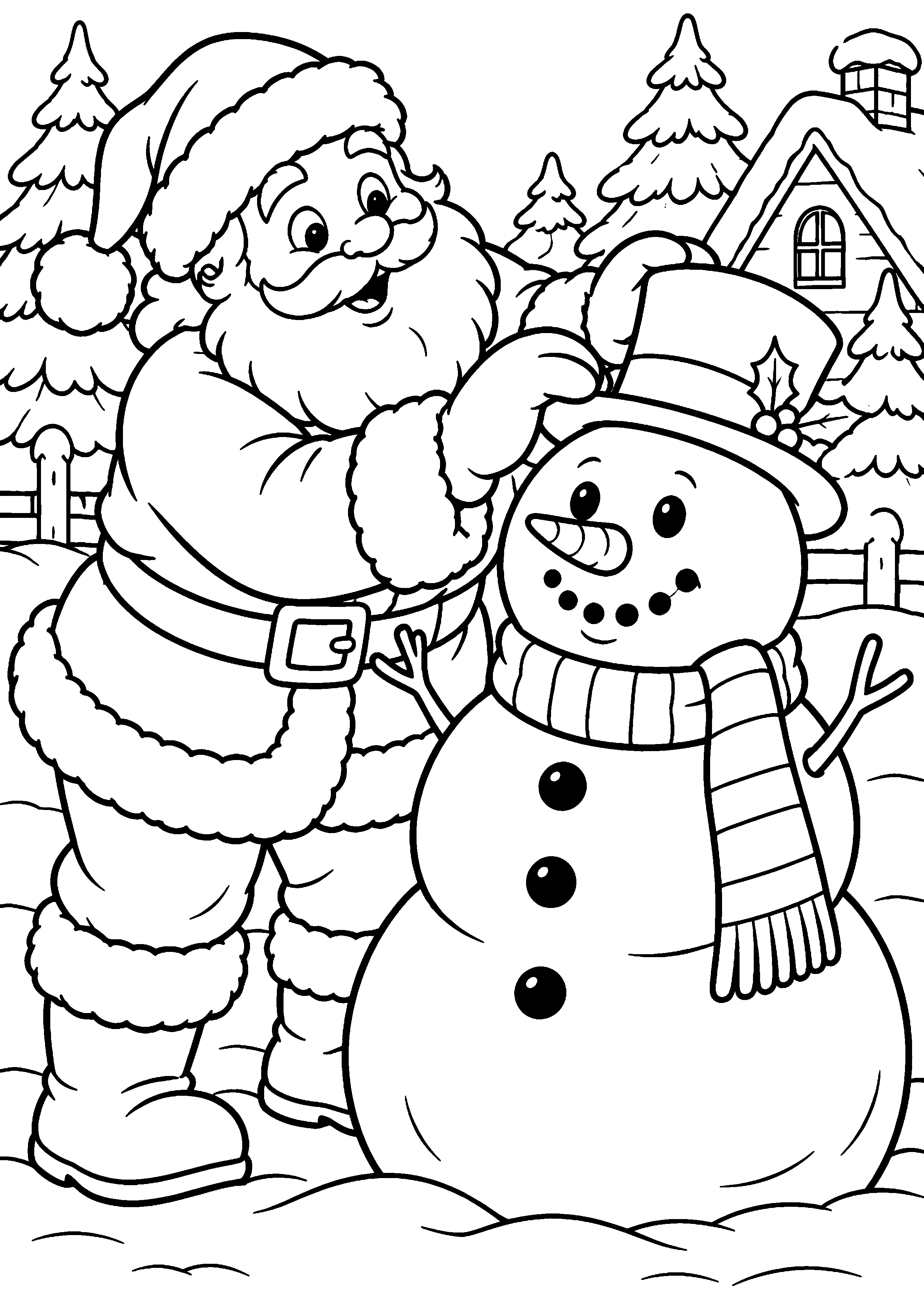 Coloriage en noir et blanc représentant Père Noël construisant un bonhomme de neige, en grand format A4