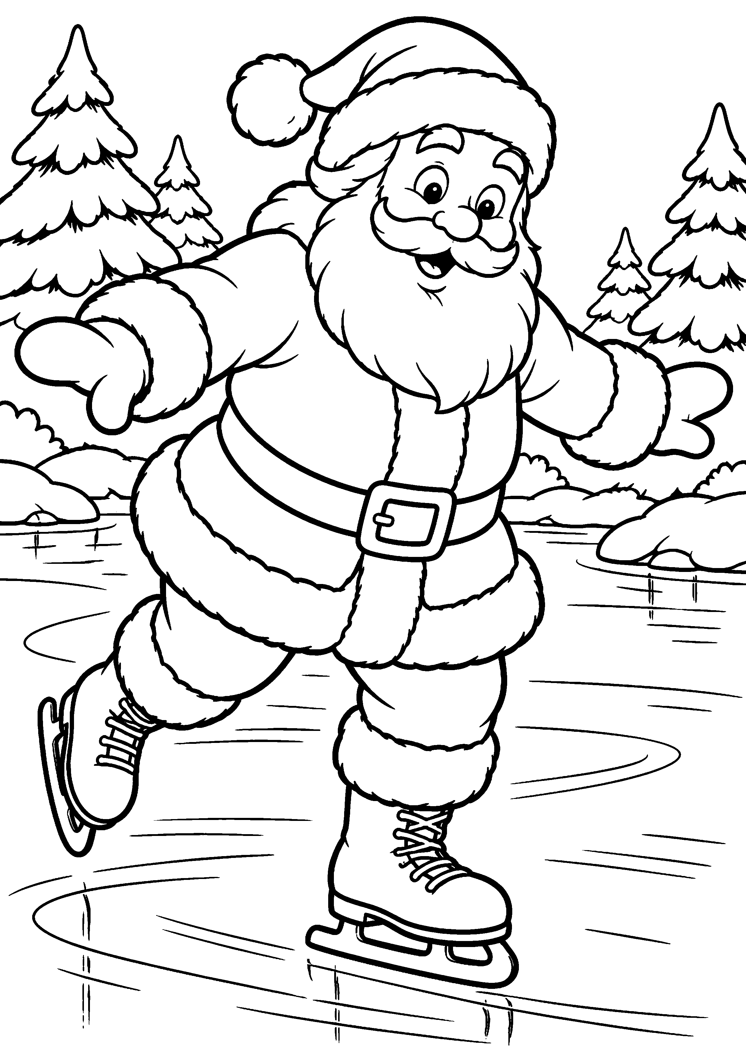 Coloriage en noir et blanc représentant Père Noël patinant avec prudence sur un étang, en grand format A4