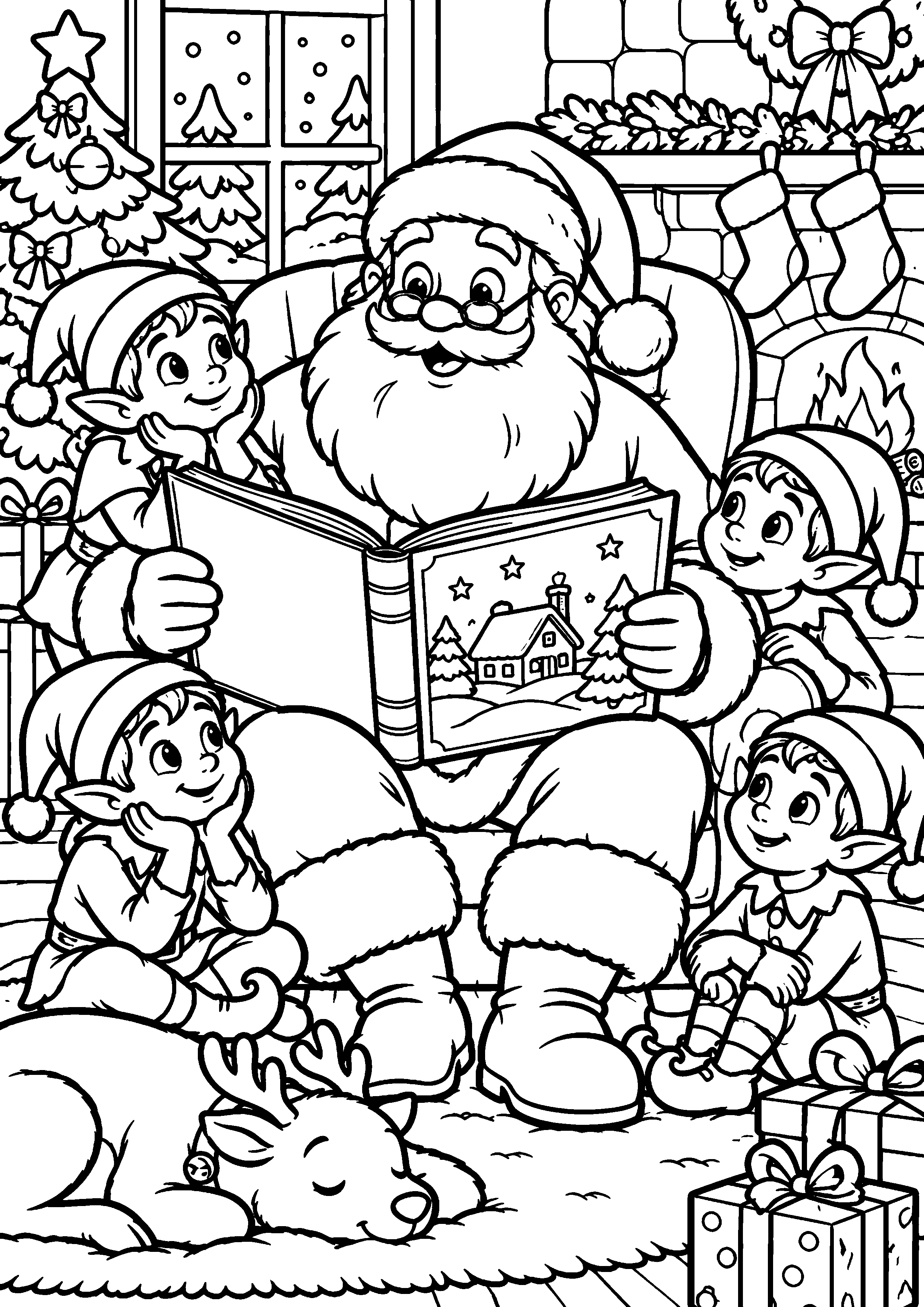 Coloriage en noir et blanc représentant Père Noël lisant une histoire sans texte aux lutins, en grand format A4
