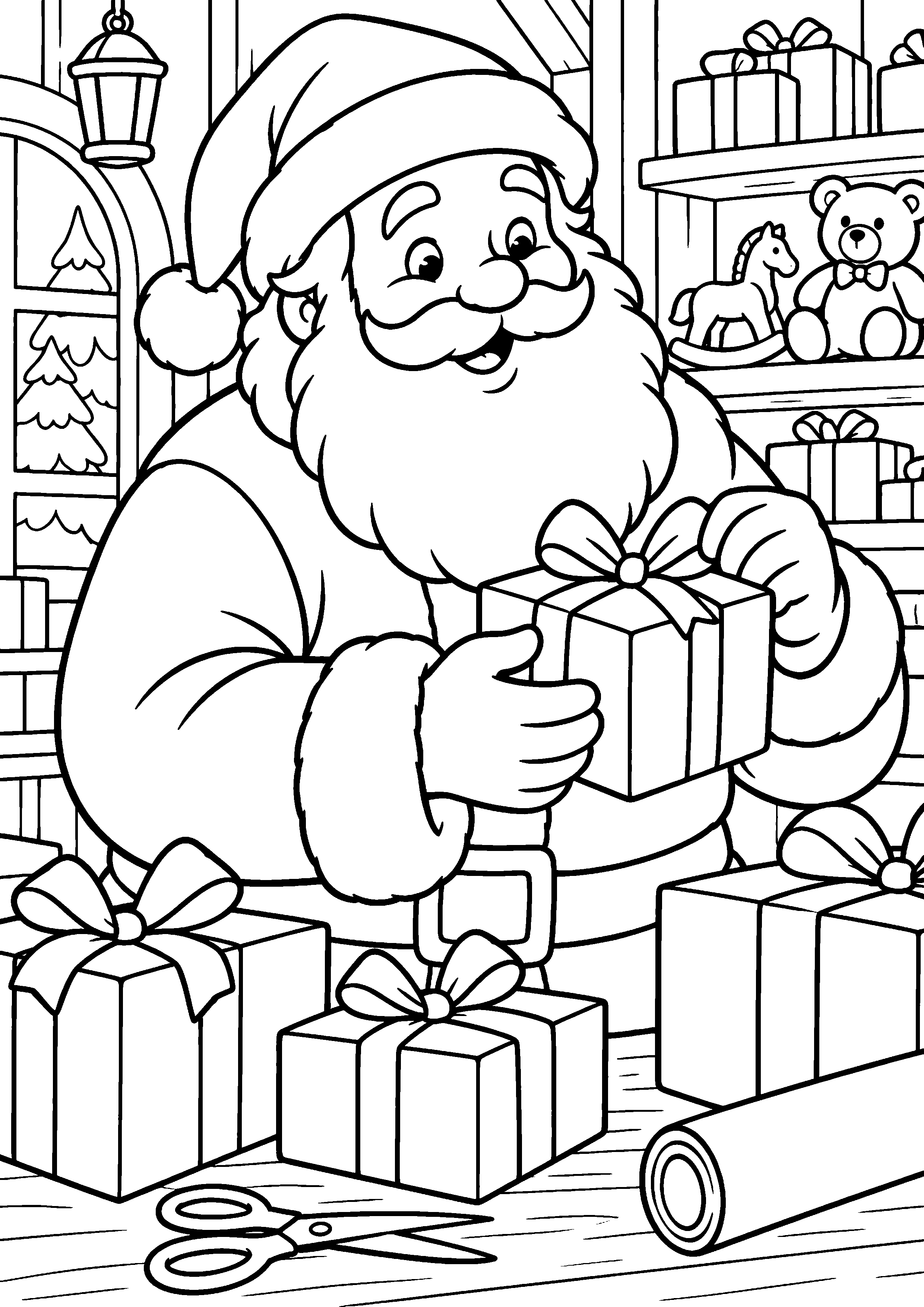 Coloriage en noir et blanc représentant Père Noël vérifiant une horloge à coucou, en grand format A4