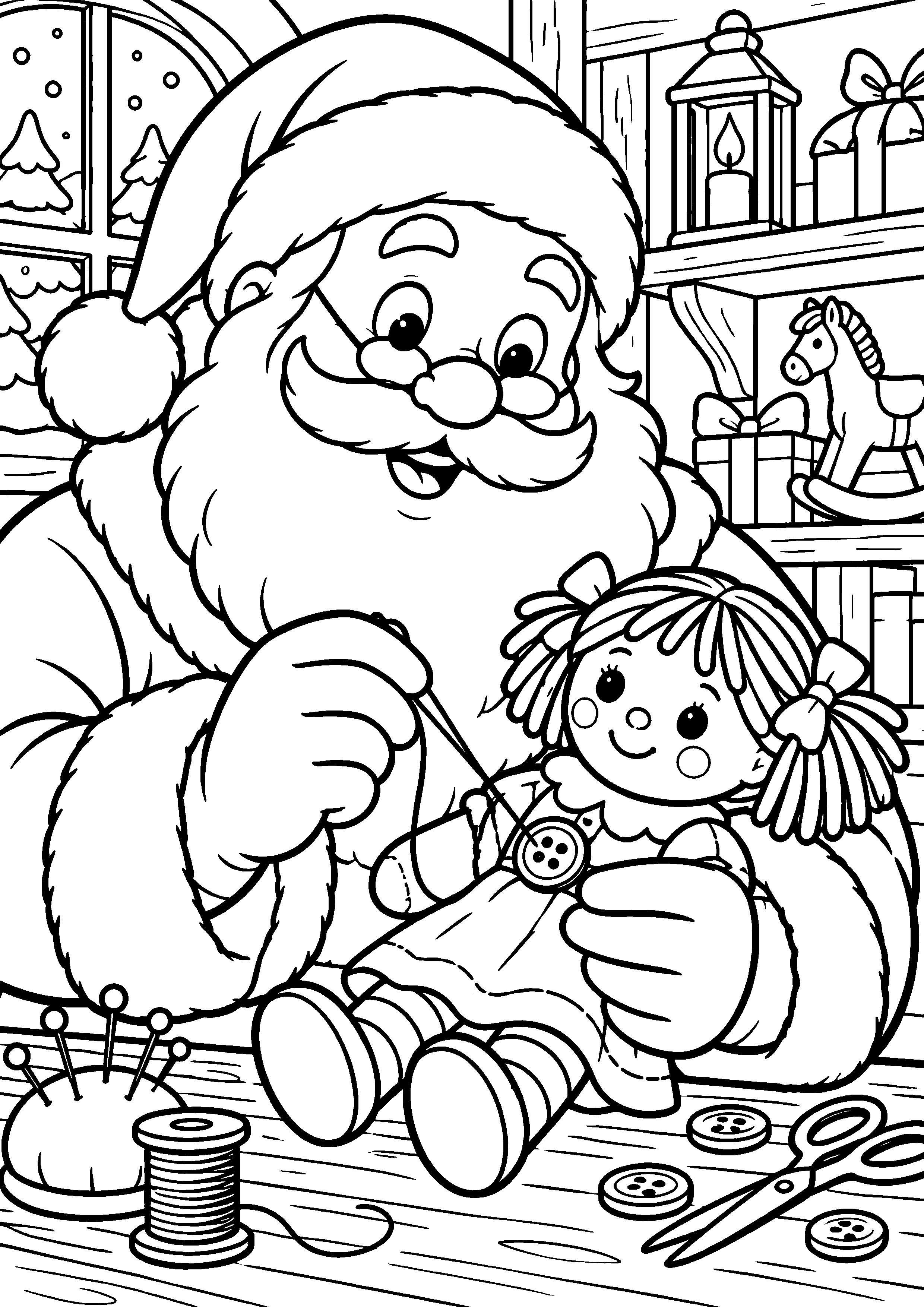 Coloriage en noir et blanc représentant Père Noël cousant un bouton sur une poupée générique, en grand format A4