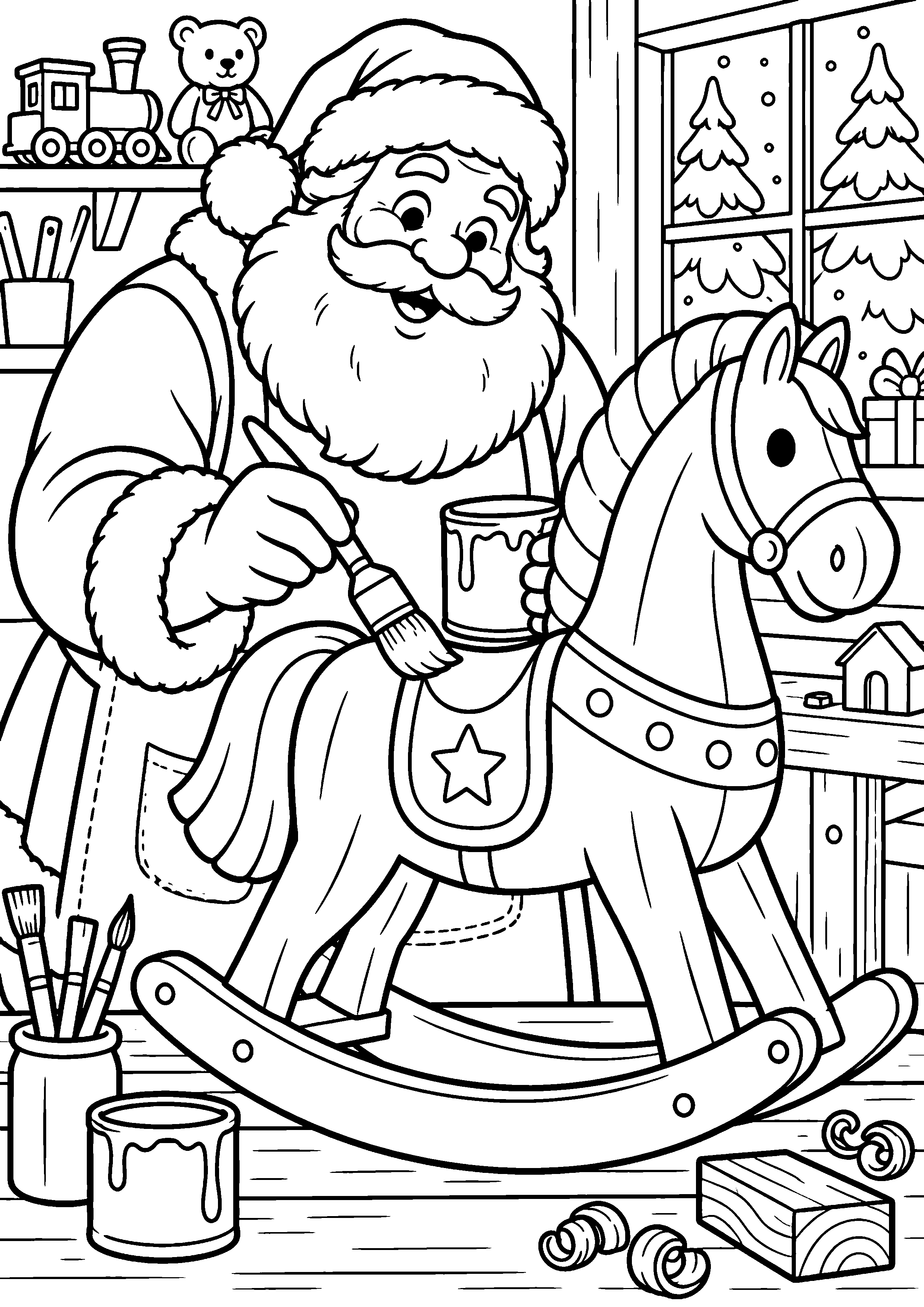Coloriage en noir et blanc représentant Père Noël peignant un jouet cheval à bascule, en grand format A4