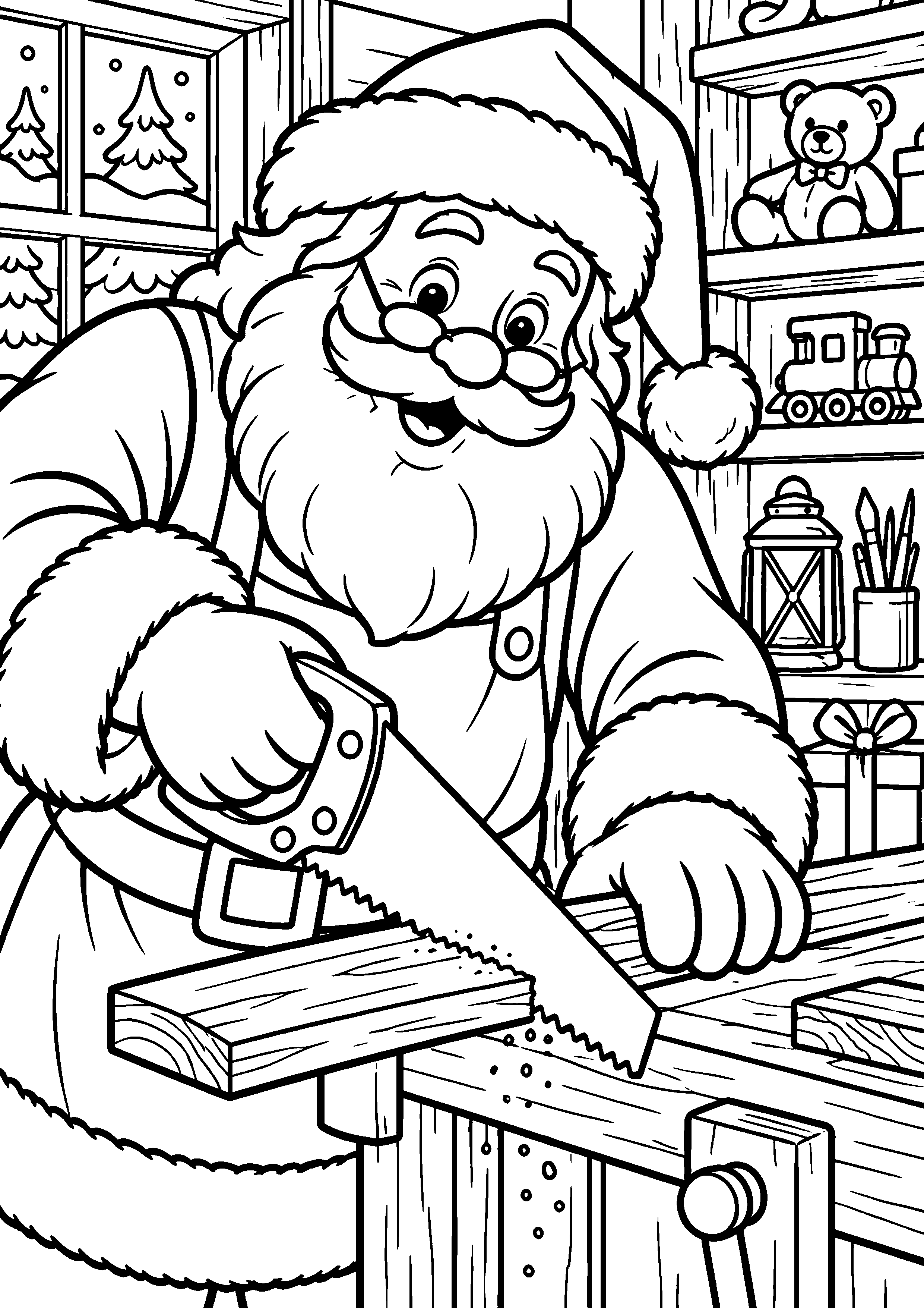 Coloriage en noir et blanc représentant Père Noël sciant une petite planche dans l'atelier, en grand format A4