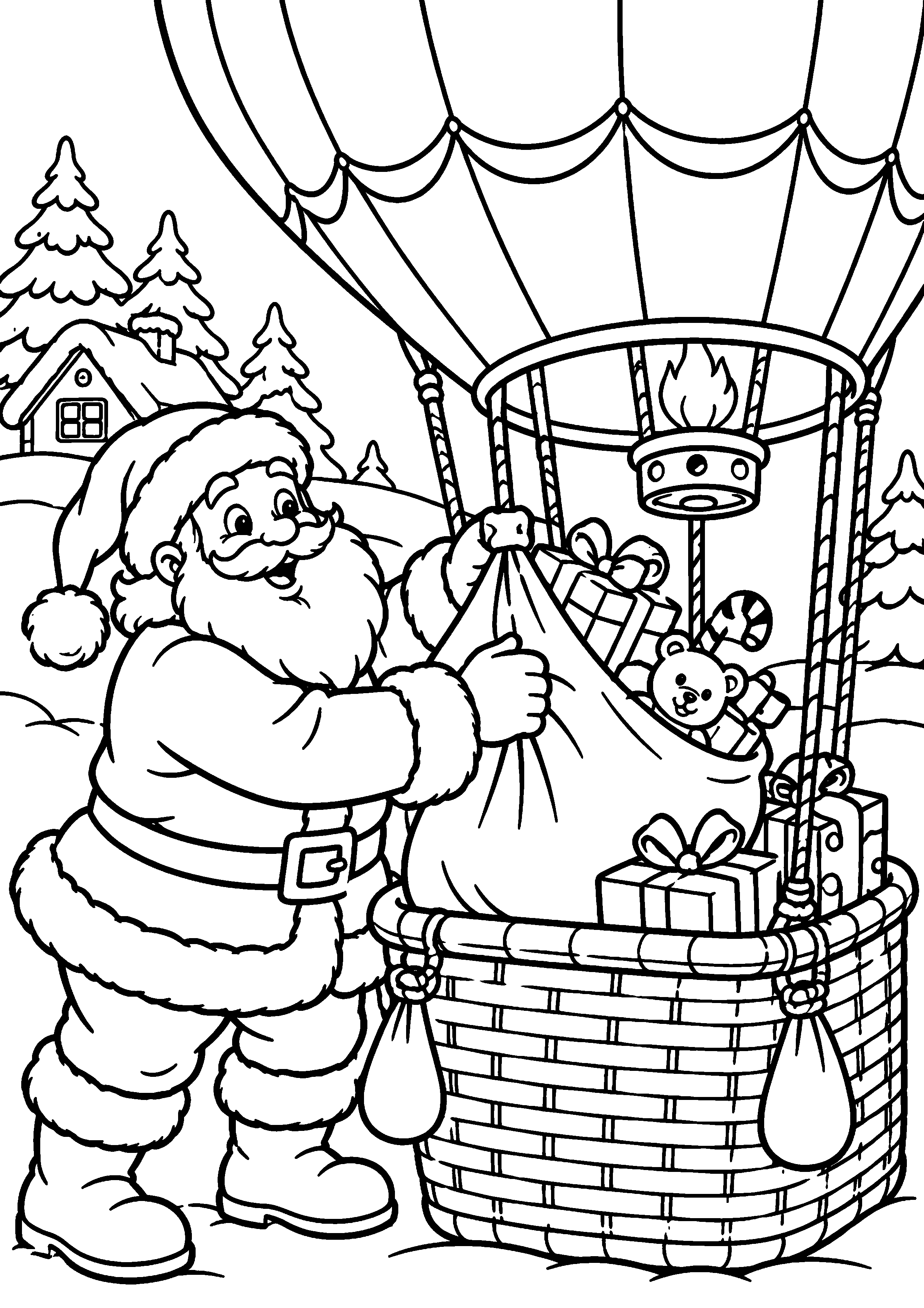 Coloriage en noir et blanc représentant Père Noël chargeant un sac dans une montgolfière de secours, en grand format A4