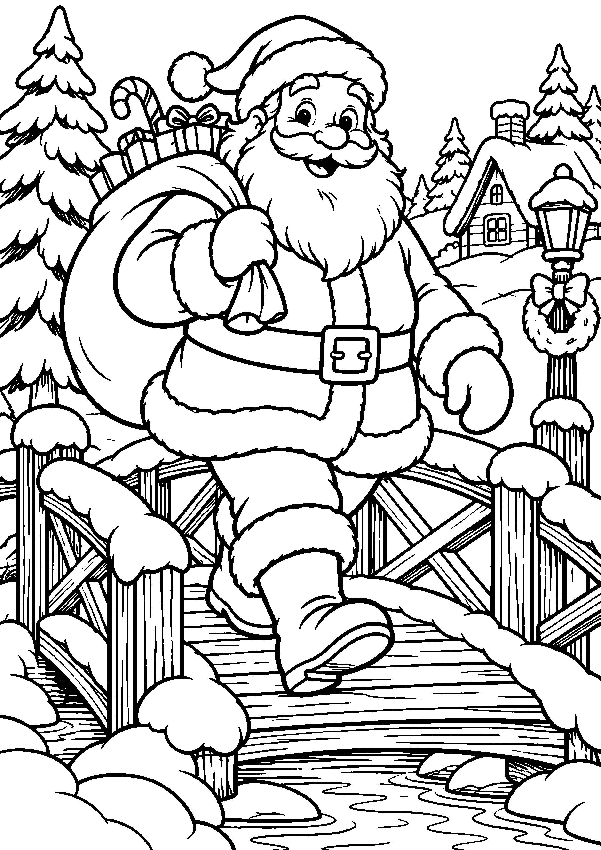 Coloriage en noir et blanc représentant Père Noël traversant un pont enneigé à pied, en grand format A4