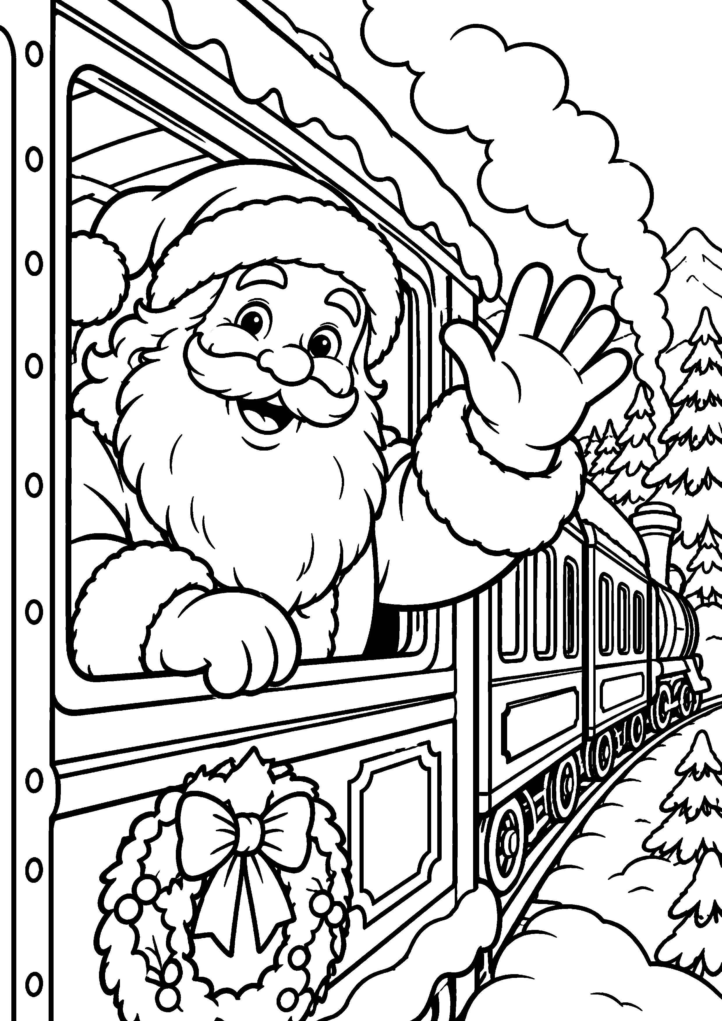 Coloriage en noir et blanc représentant Père Noël faisant signe depuis la fenêtre d'un train hivernal, en grand format A4